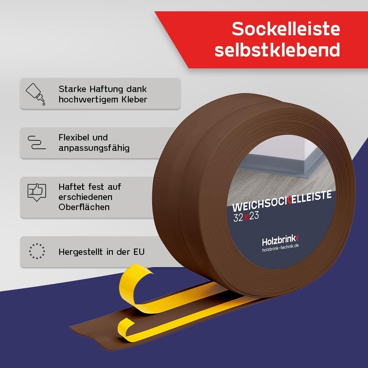 HOLZBRINK Sockelleiste HOLZBRINK selbstklebend PVC 32x23mm, 1 m, L: 100 cm, 1m Rolle, Küchenleiste Abschlussleiste für Badezimmer Farbe: Schokolade – Bild 3 von 5