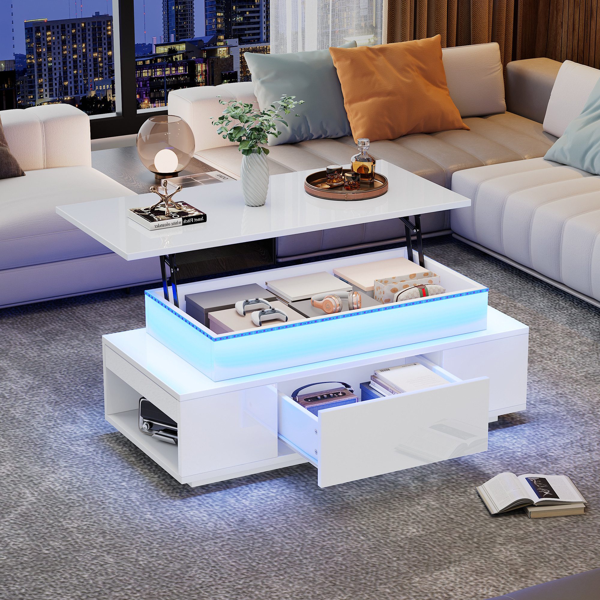 KLAM HOME Couchtisch Höhenverstellbarer Couchtisch Mit LED Beleuchtung Und Schublade (Multifunktionaler Kaffeetisch Mit Hydraulik Hub Und Stauraum), Modernes Wohnzimmer Beistelltisch Schwarz Hochglanz Für Büro Und Party