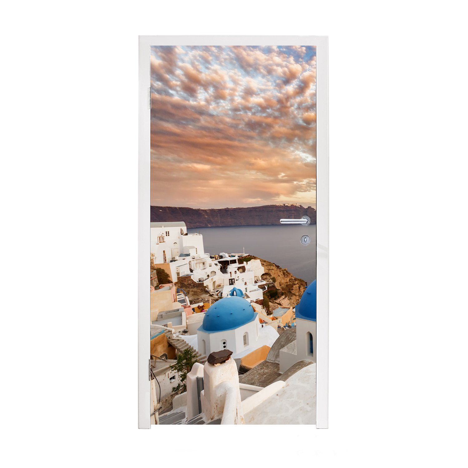 MuchoWow Türtapete Sonnenaufgang über dem Wasser in Oia Griechenland, Matt, bedruckt, (1 St), Fototapete für Tür, Türaufkleber, 75x205 cm