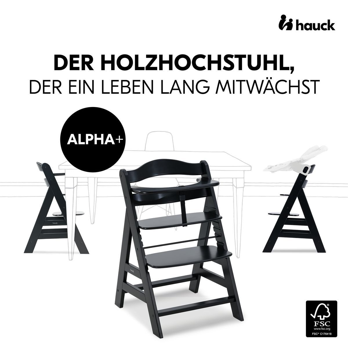 Hauck Hochstuhl Alpha Plus Black Newborn Set - Stretch Grey (Set), Holz Babystuhl ab Geburt inkl. Aufsatz für Neugeborene & Sitzauflage