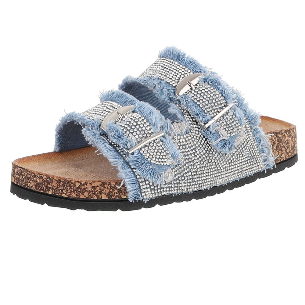 Glamouröse Damen Sandalen mit Strass und Korkfußbett Pantolette