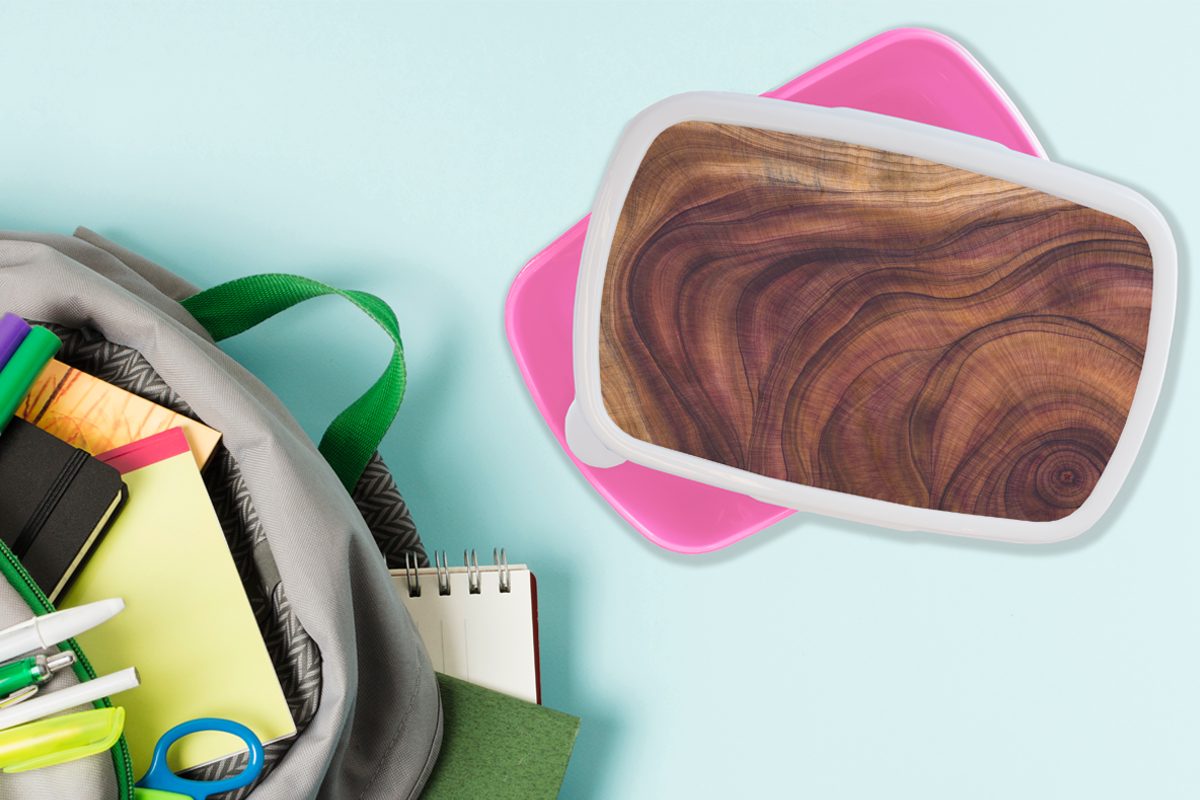 geschwungenen (2-tlg), Linien, Holzstruktur Brotbox rosa aus Kinder, Brotdose Lunchbox Erwachsene, Kunststoff, Kunststoff Glatte Mädchen, für MuchoWow Snackbox,