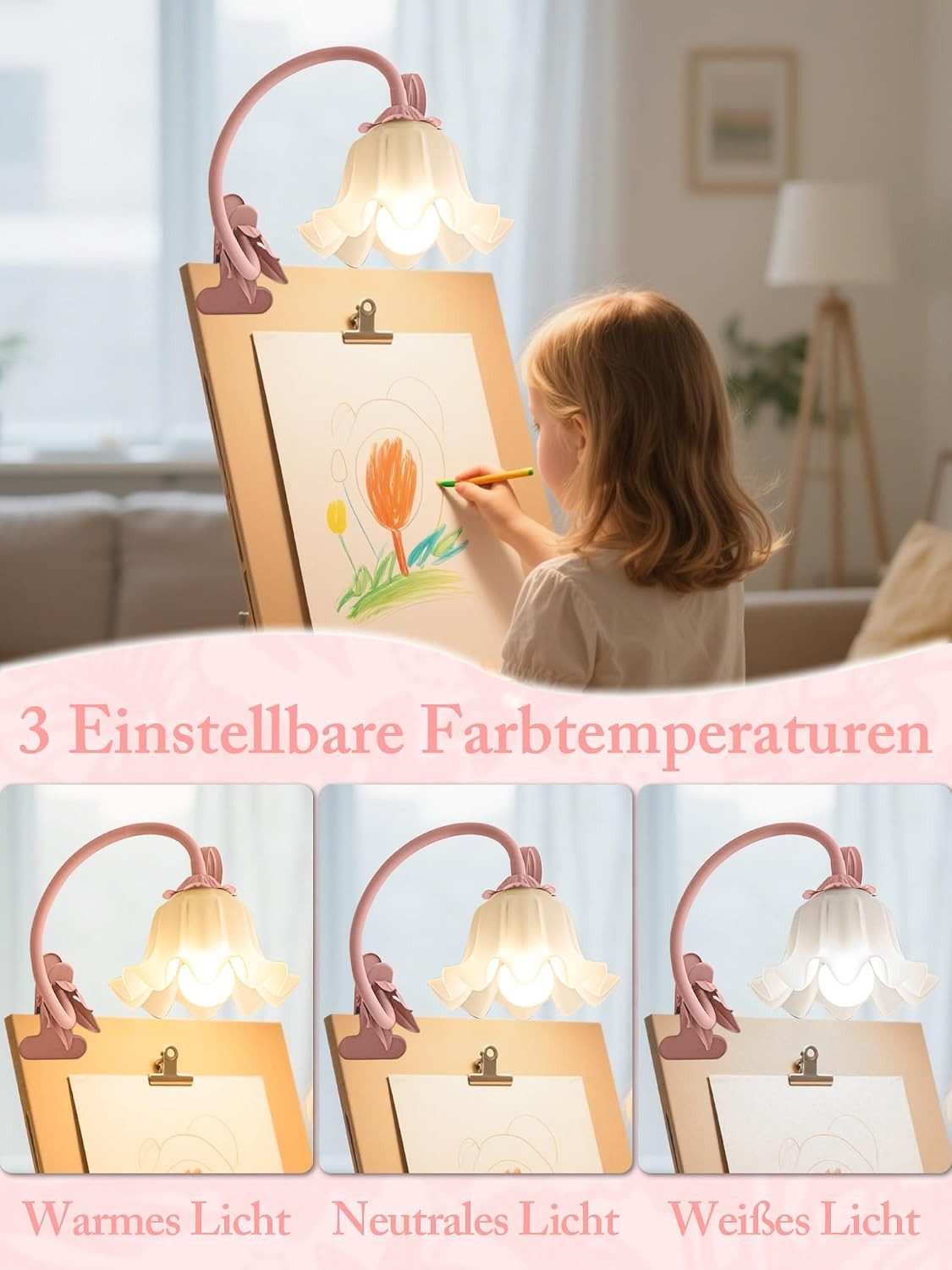 FELIXLEO LED Schreibtischlampe LED Leselampe mit Clip, rosa Blume, USB, Klemmlampe – Bild 2 von 5