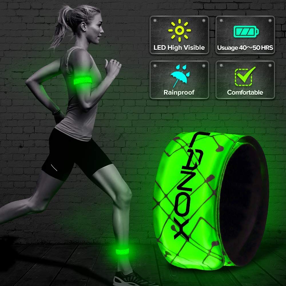 ELANOX LED Leuchtband LED Outdoor Sicherheitslicht mit grün Sport Batterie Reflektorband 2 Armband x Blinklicht