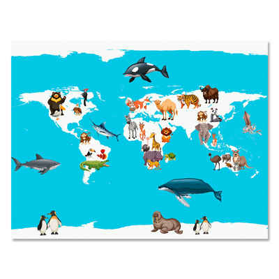 wandmotiv24 Leinwandbild Weltkarte, Querformat, Kinder Landkarte, Tiere, Weltkarten (1 St), Wandbild, Wanddeko, Leinwandbilder in versch. Größen