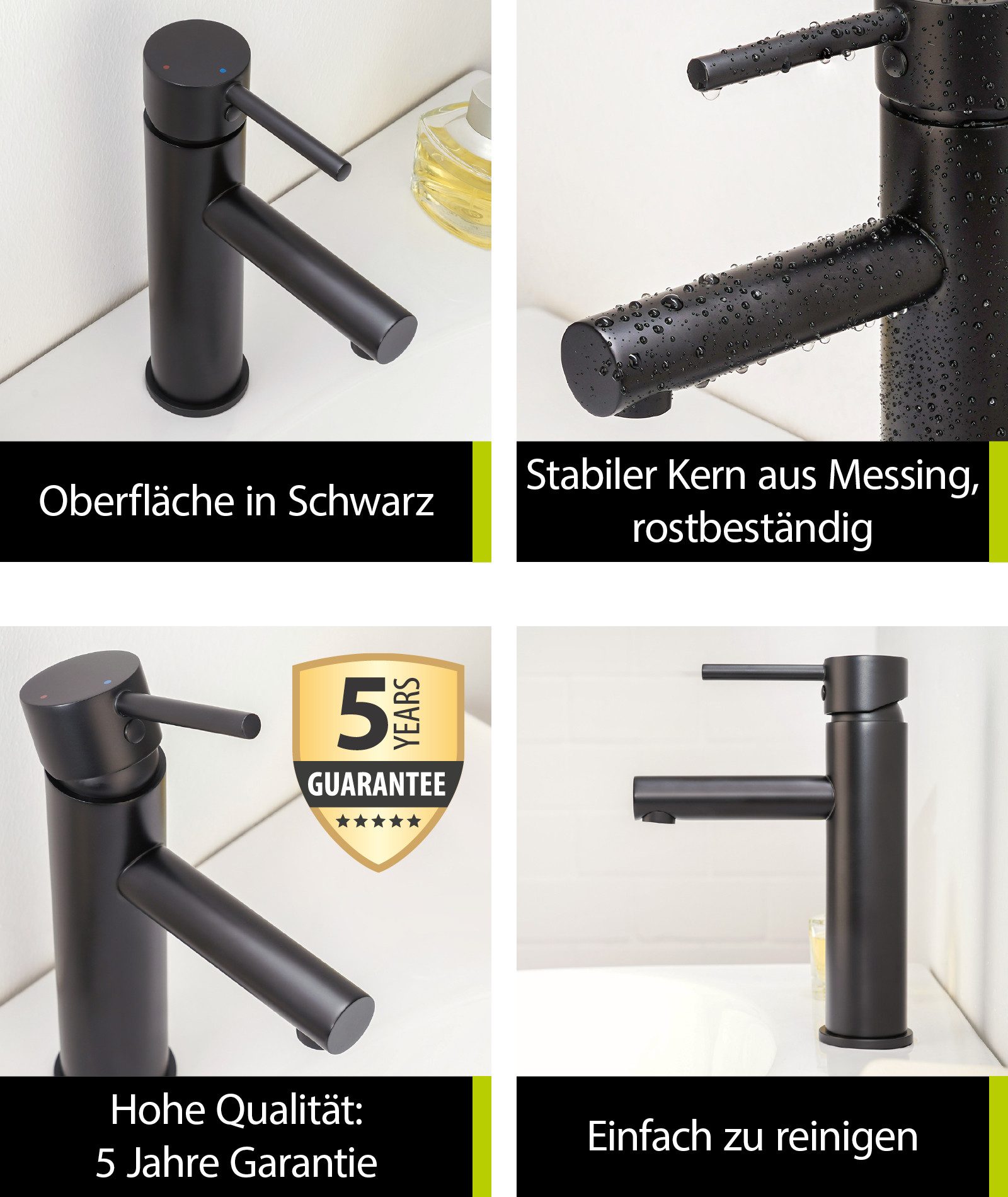 aquaSu Waschtischarmatur Lago 2.0 Schwarz, hoher Auslauf, Pop-Up-Ventil, Kaltwassermittelstellung