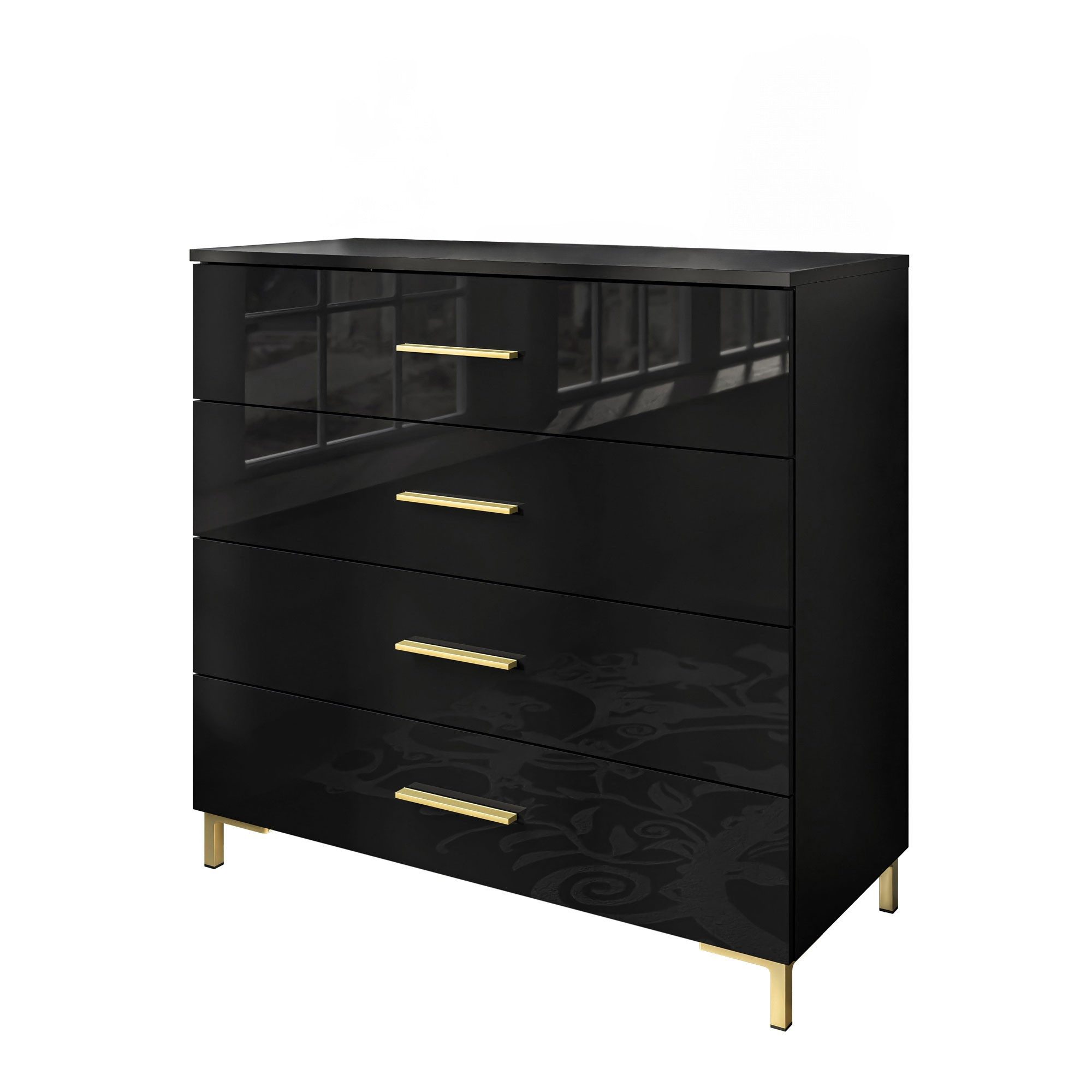 Lookway Kommode LINA GOLD 95 Schwarz Hochglanz mit goldenen Griffen und Beinen LED