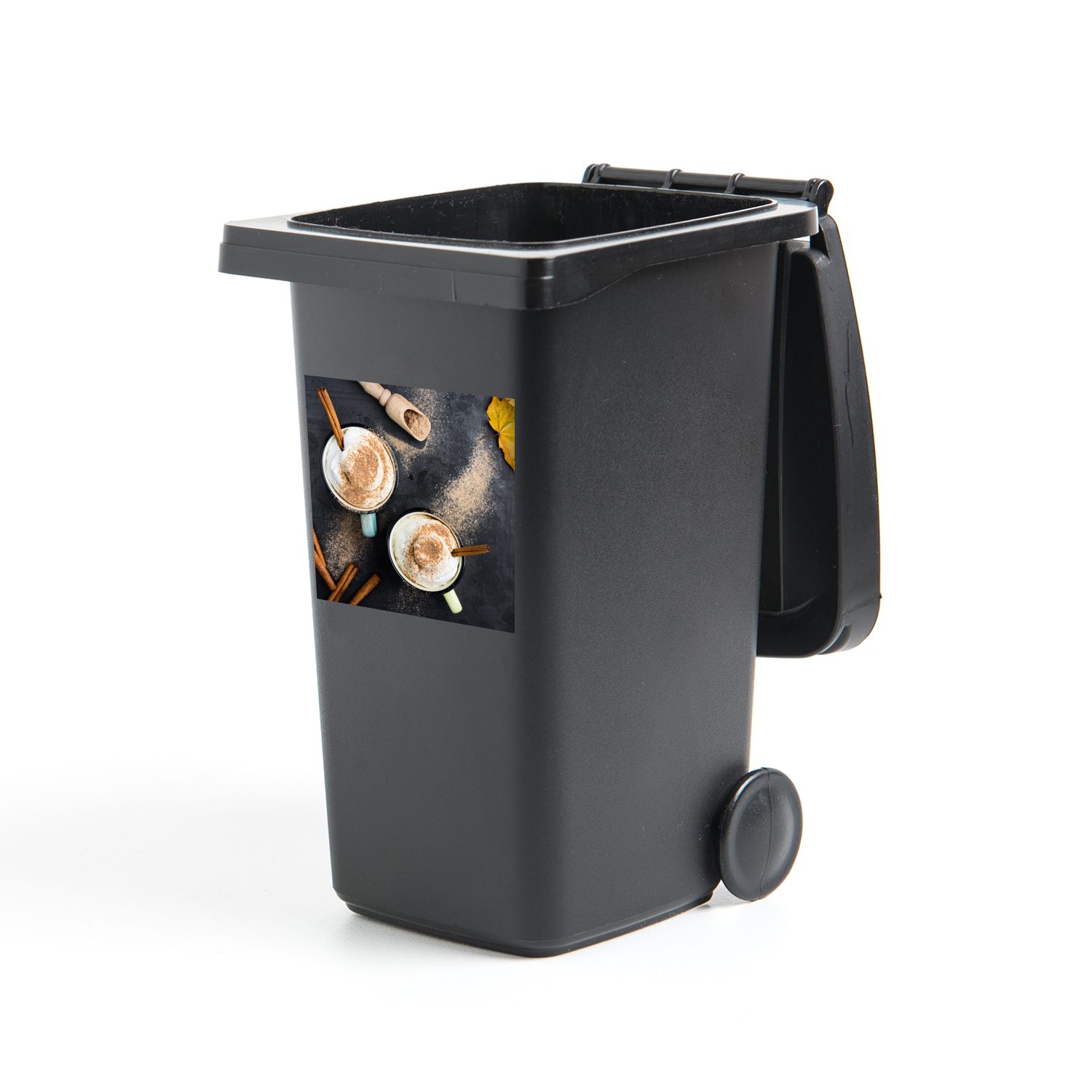 MuchoWow Wandsticker Ein herbstlicher Kaffee mit Zimt von oben betrachtet (1 St), Mülleimer-aufkleber, Mülltonne, Sticker, Container, Abfalbehälter