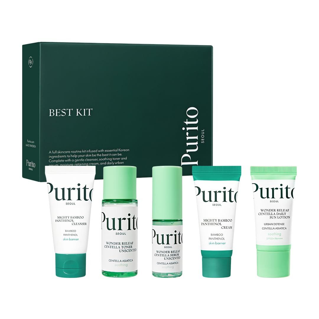 Purito Seoul Hautpflege-Set Seoul Best Kit – komplettes Gesichtspflege-Set in Reisegröße (105 ml) mit Cleanser, Toner, Serum, Creme & SPF 50 – beruhigende, Skincare Routine mit Centella & Panthenol