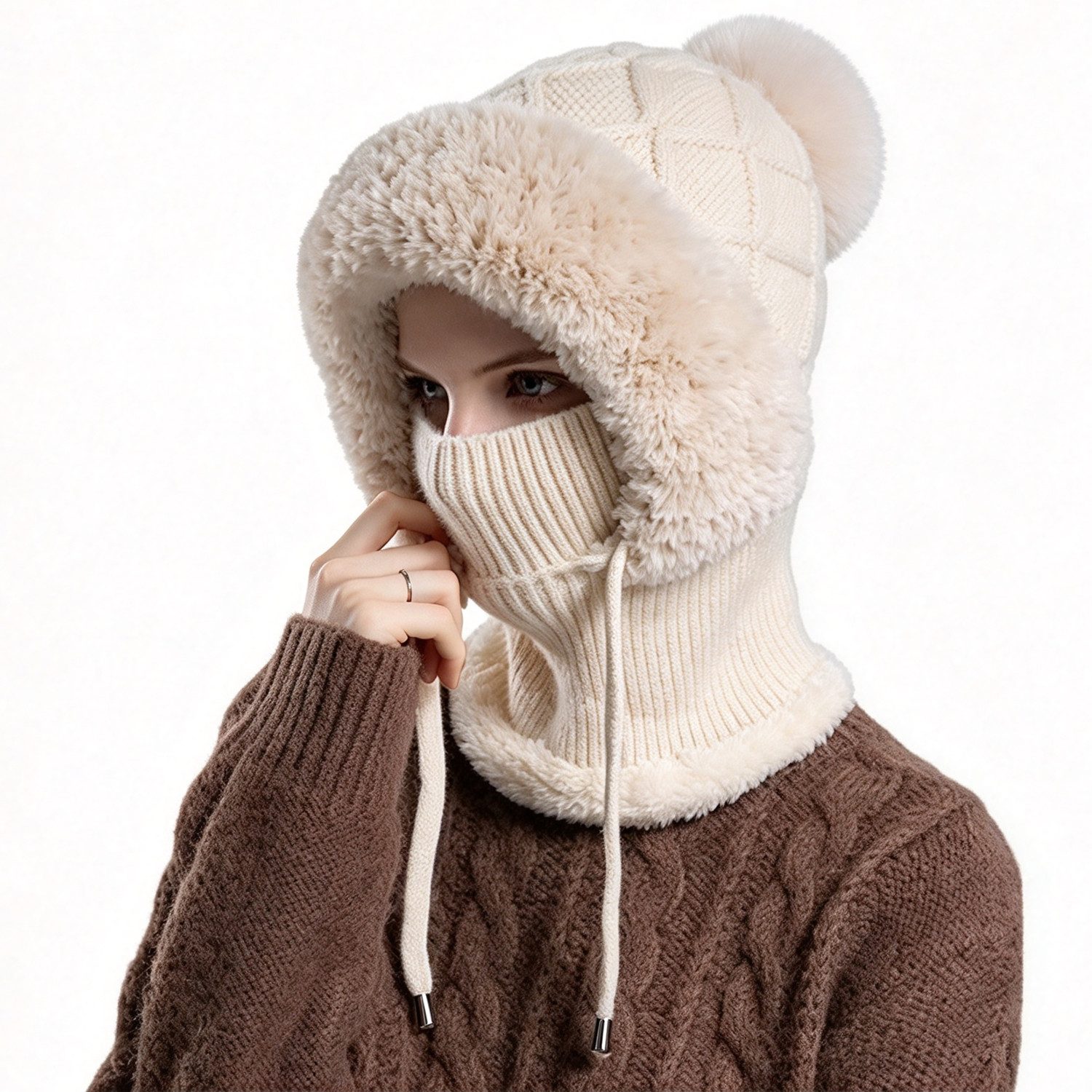 BOOD Strickmütze Warme Strickmütze Damen mit integriertem Schal, Einheitsgröße (Packung, 1-St., Ideal für Winter, Skifahren & Alltag. Praktische Wintermütze) Weiches Strickmodell mit Kordelzug, integrierter Gesichts-Halsschutz