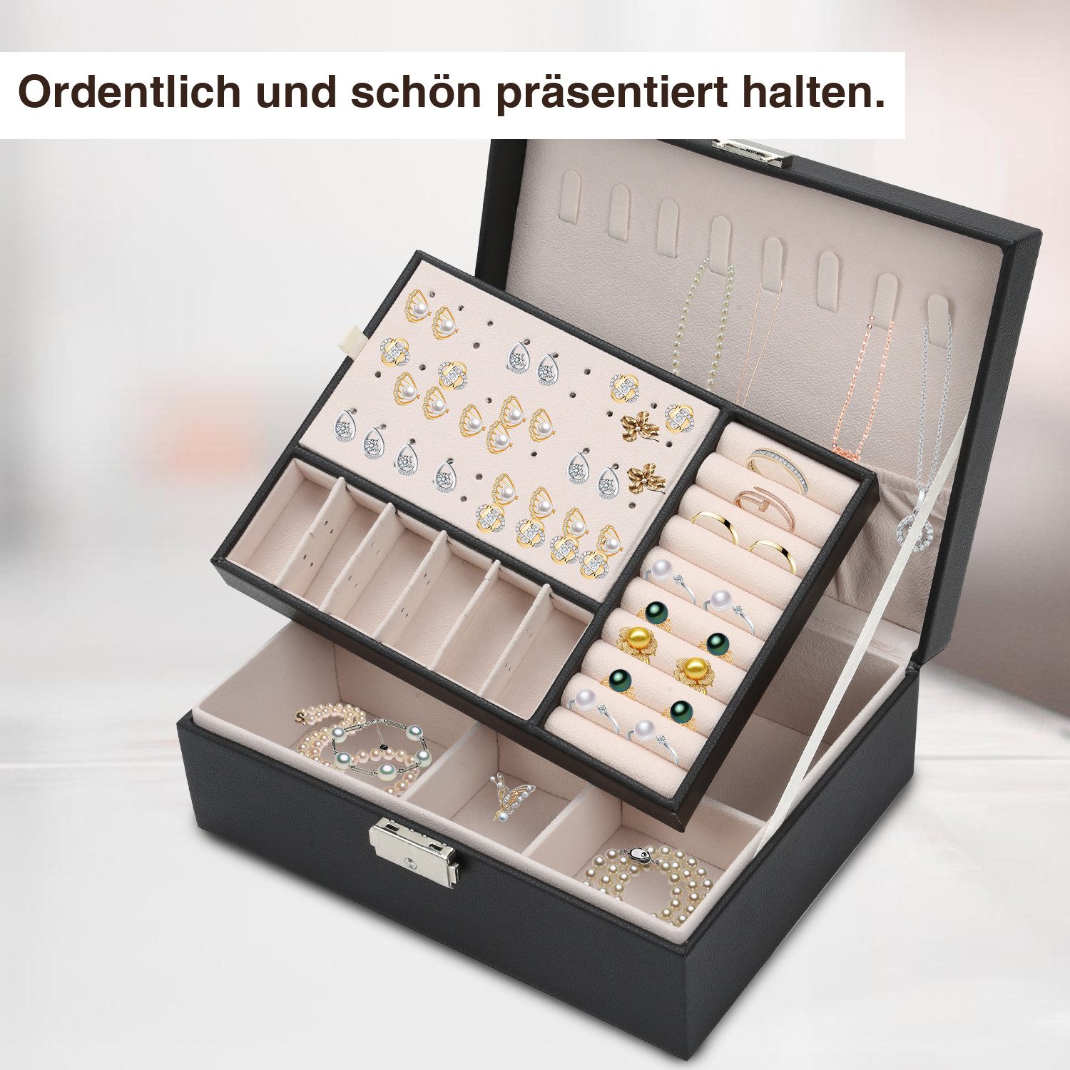 Clanmacy Schmuckkasten Schmuckkasten 2-schichtiger Schmuckschatulle, Damen Schmuckbox schwarz