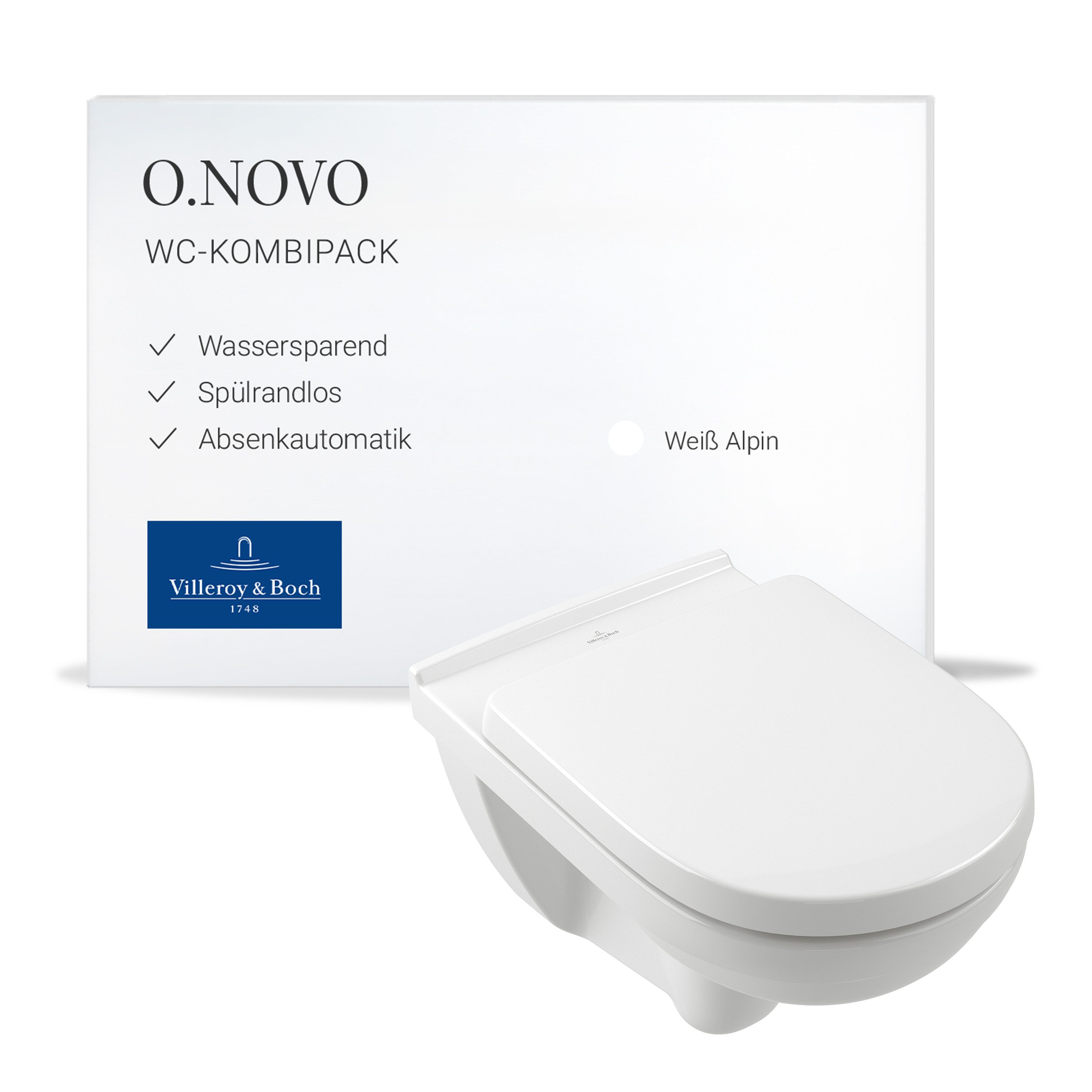 Villeroy & Boch Tiefspül-WC O.novo, wandhängendes WC- Set mit WC-Sitz, spülrandlos, Weiß Alpin