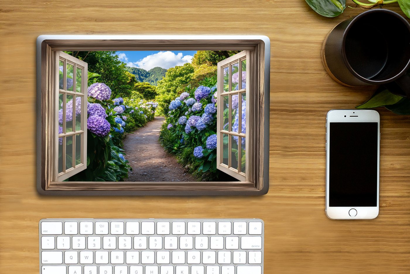 Thumbnail - MuchoWow Laptop-Aufkleber Durchblick - Hortensie - Weg - Natur, (1tlg), Laptop Folien Cover, Aufkleber, Sticker, Schutz ...