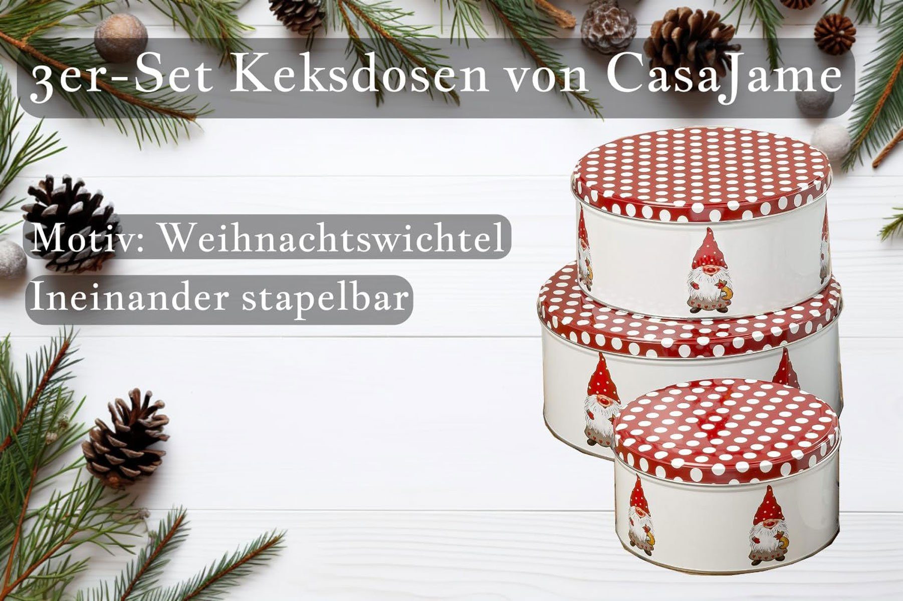 BOLTZE GRUPPE GmbH Keksdose CasaJame Keksdose Set 3 tlg Metall Plätzchendose Dosen Wichtel V3, Aufbewahrungsdose für Kekse