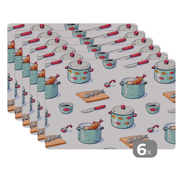 Platzset Muster - Kochen - Fisch - Pfanne MuchoWow (6-St) Platzset Platzdecken Platzmatte Tischmatten Schmutzabweisend