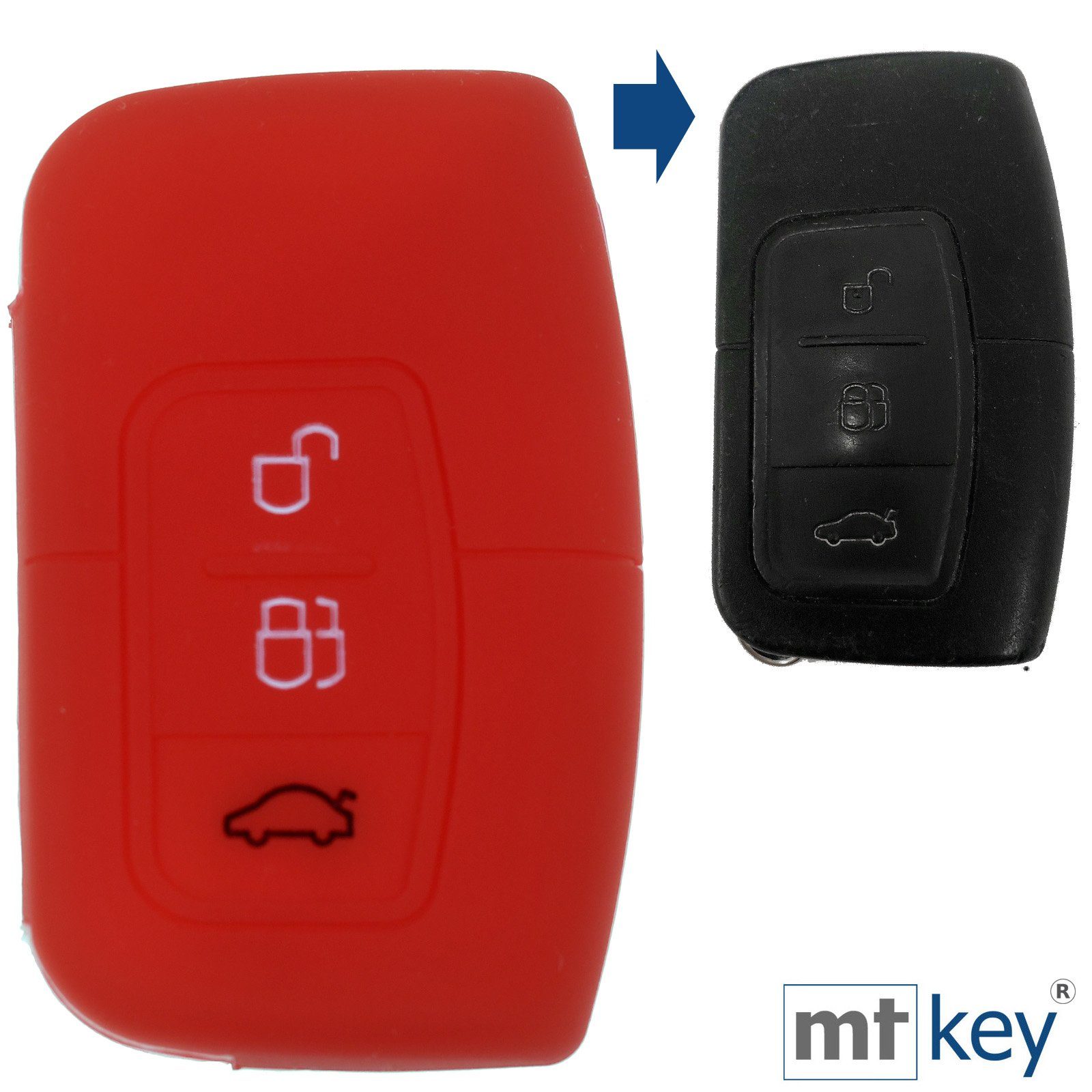 mt-key Schlüsseltasche Autoschlüssel Softcase Silikon Schutzhülle Rot, für Ford C-Max Focus Kuga Mondeo 3 Tasten KEYLESS SMARTKEY