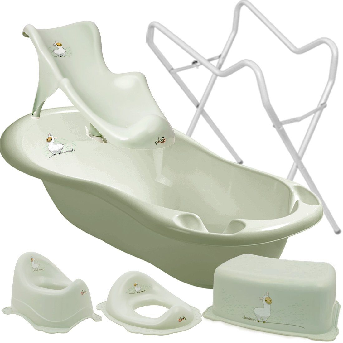 Maltex Babybadewanne LAMA Lindgrün Set Set), in WC (Made Babywanne+ Pflege, Zubehör + Weiß + Gestell Babybadeset ** + + Topf 5-tlg - ** Aufsatz+Hocker Premium Badesitz Europe Gestell