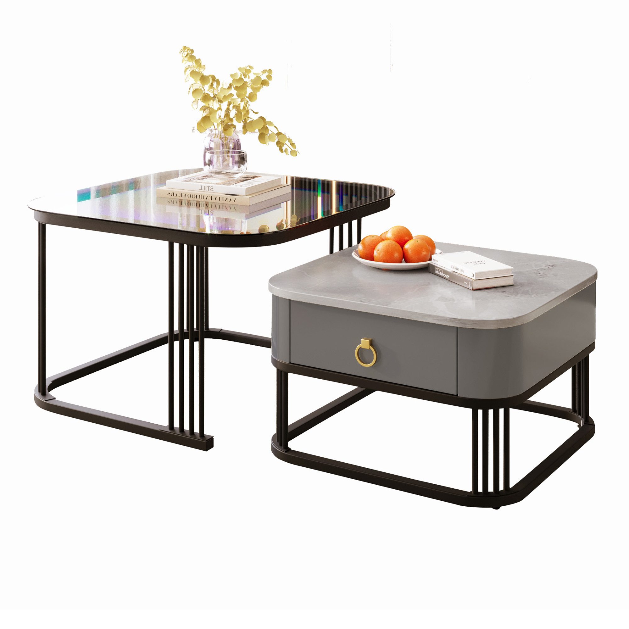 Merax Couchtisch Set Marmoroptik mit Schublade, Beistelltisch hochglanz, Sa günstig online kaufen