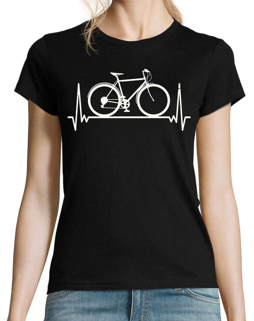 Youth Designz Damen Shirt Heartbeat mit trendigem Fahrrad Schwarz Frontprint T-Shirt