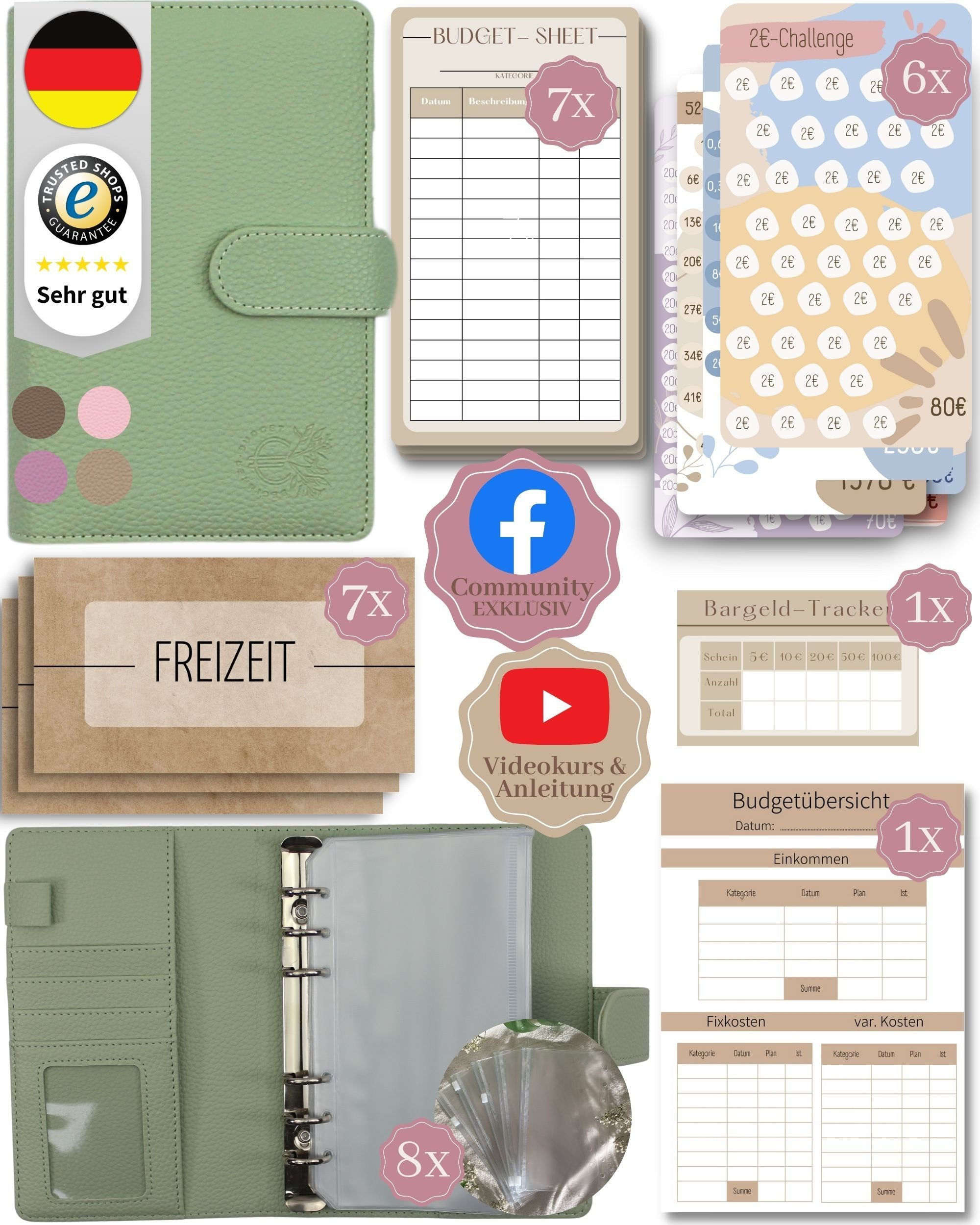 BeginnerBudget Ringbuchmappe Budgetplaner Starter-Set Sparbuch zum Geld Sparen + Spar-Challenges, Sparen mit Umschlagmethode + Anleitung - Ringbuch - Binder A6