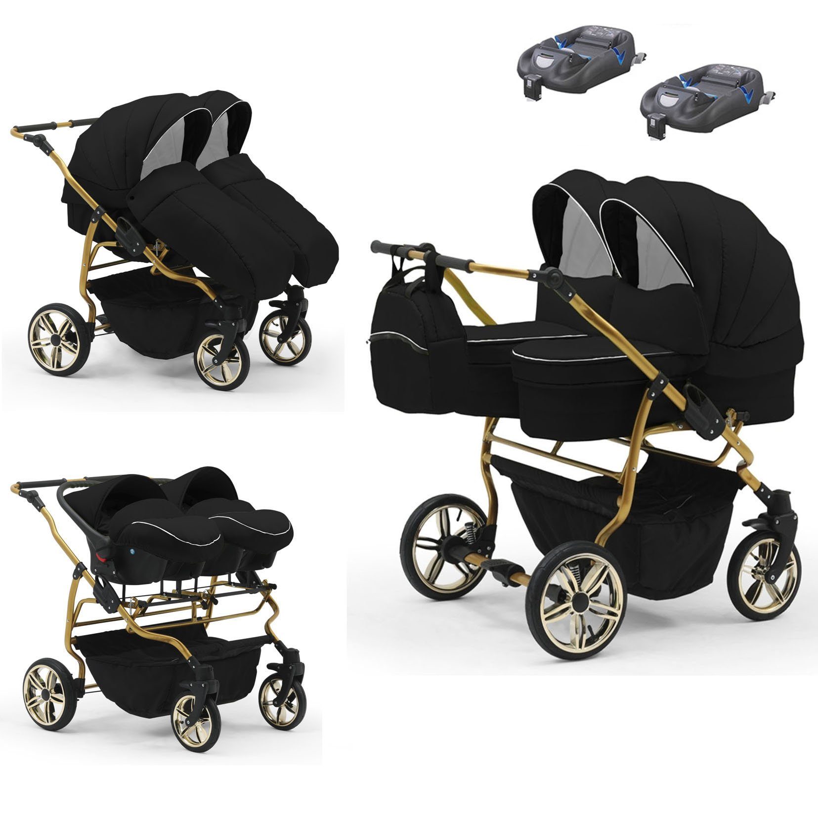 babies-on-wheels Zwillingswagen Zwillingswagen Duet Lux Gold 4 in 1 - 15 Teile - in 33 Farben Schwarz stripes | Geschwisterwagen