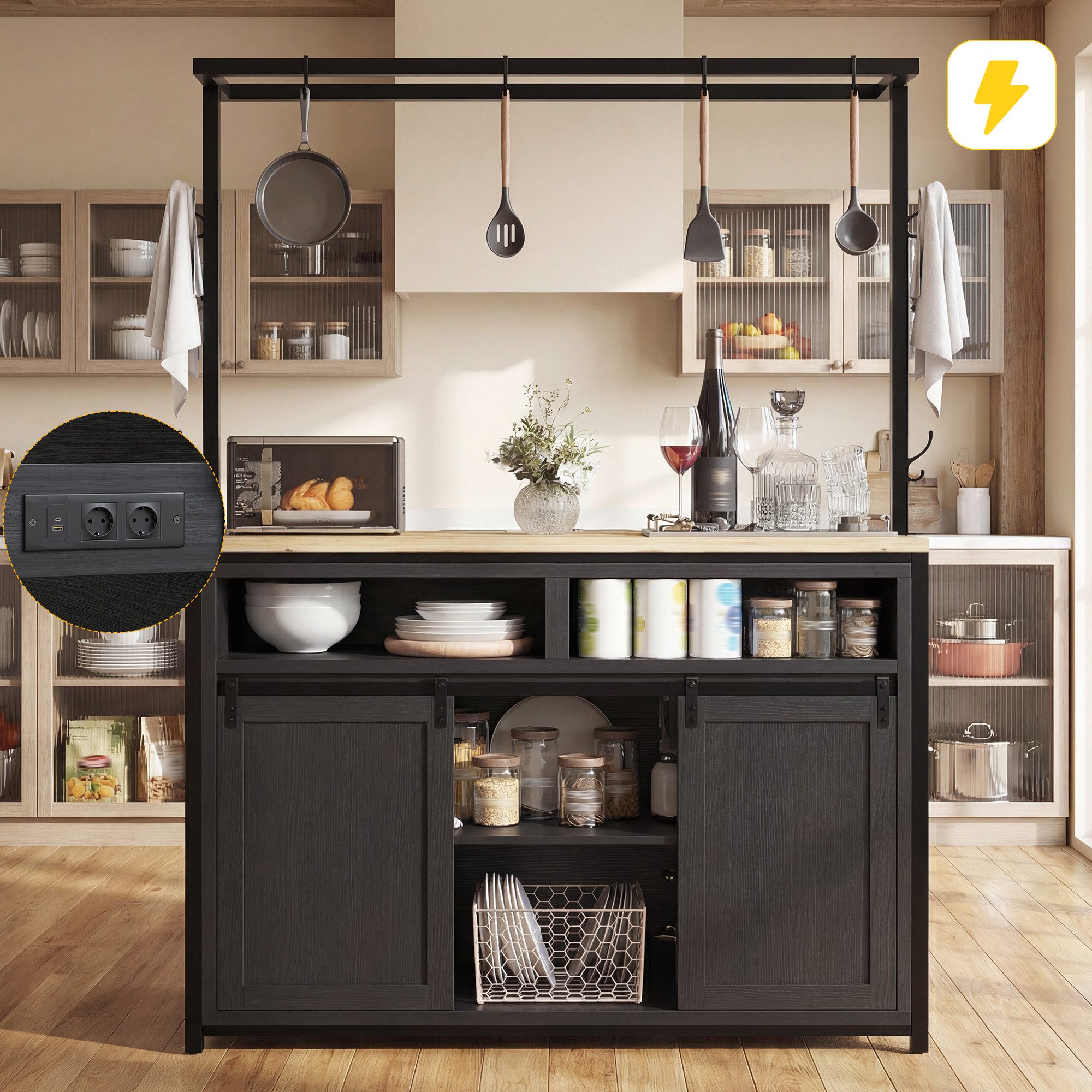 Flieks Kücheninsel 183cm hoher Küchenschrank mit Arbeitsplatte, Hängeregal & Steckdose, (107x62x183 cm), Highboard Küchenbuffet mit Schiebetüren und Haken Holzoptik Schwarz