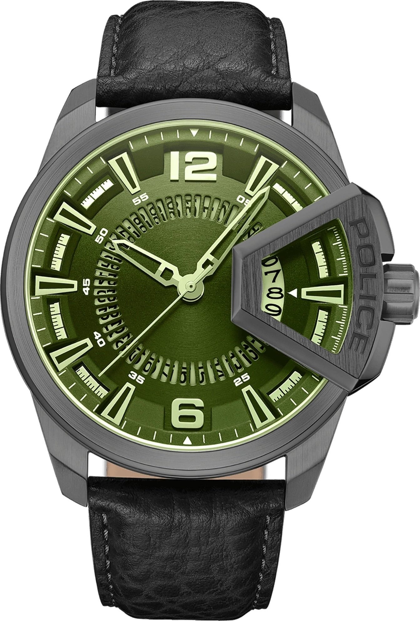 Police Quarzuhr Police Herrenuhr Leder schwarz, (Analoguhr), Herrenuhr rund, extra groß (ca. 46x53mm) Lederarmband