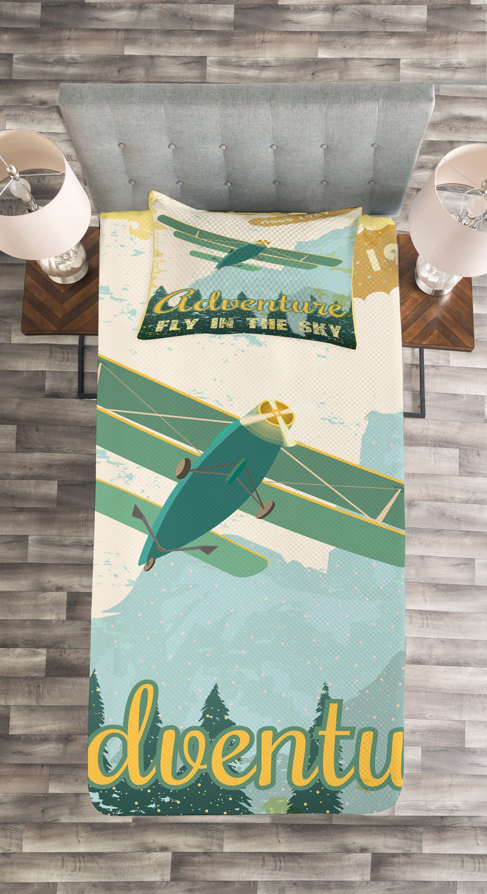 Flugzeug Abakuhaus, Tagesdecke Abenteuer in mit Sky Jahrgang Kissenbezügen Set Waschbar,