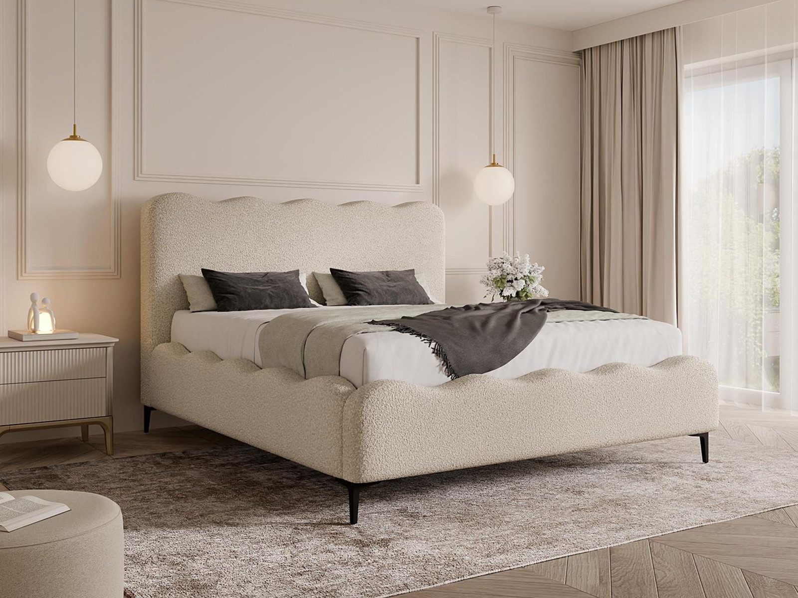 Compleo Polsterbett mit hohen Füßen, Designerbett, Bouclé-Stoff, Luxus Schlafzimmer, gepolstertes Doppelbett