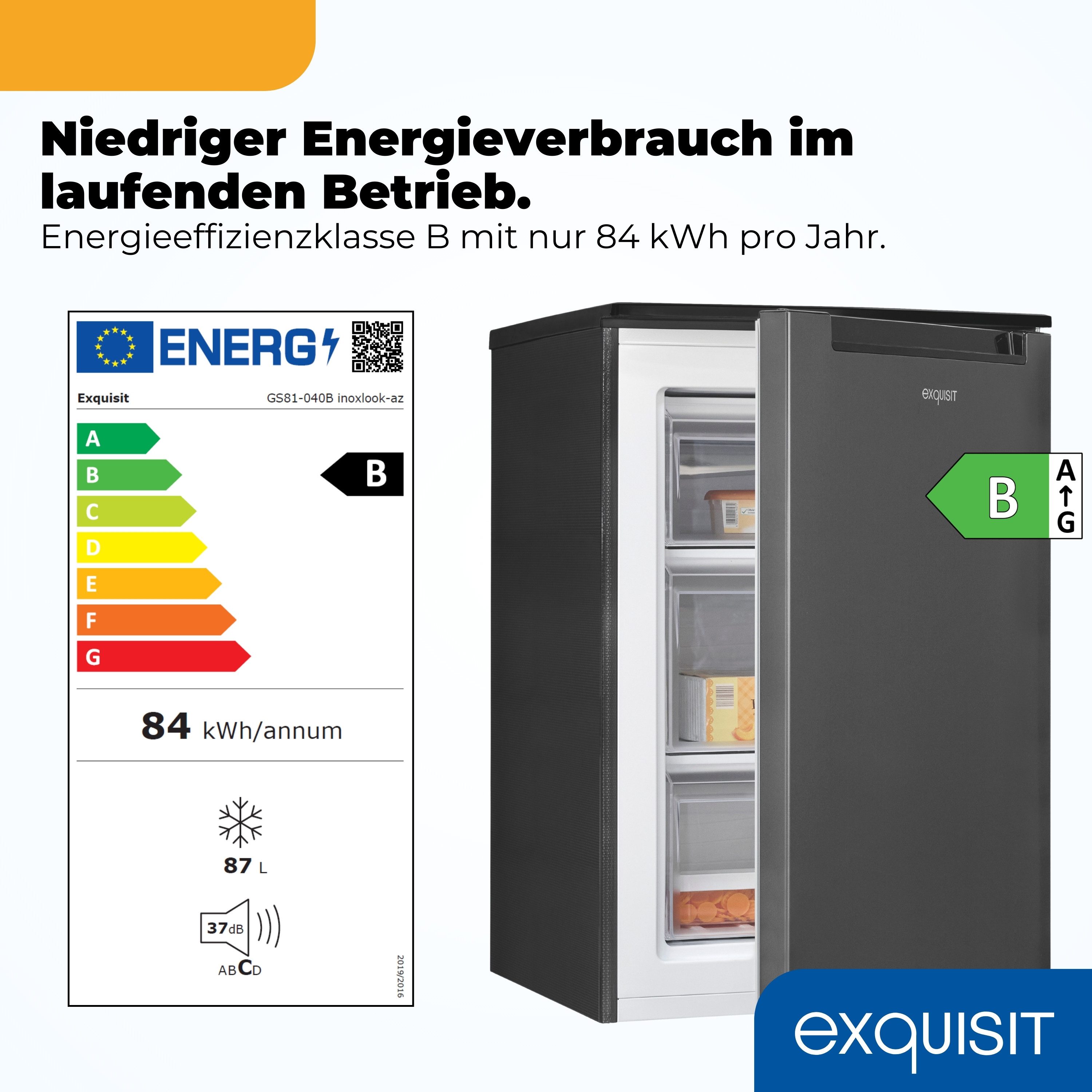 exquisit Gefrierschrank GS81-040B inoxlook-az, 85 cm hoch, 54,5 cm breit, Viel Platz, starke Gefrierleistung