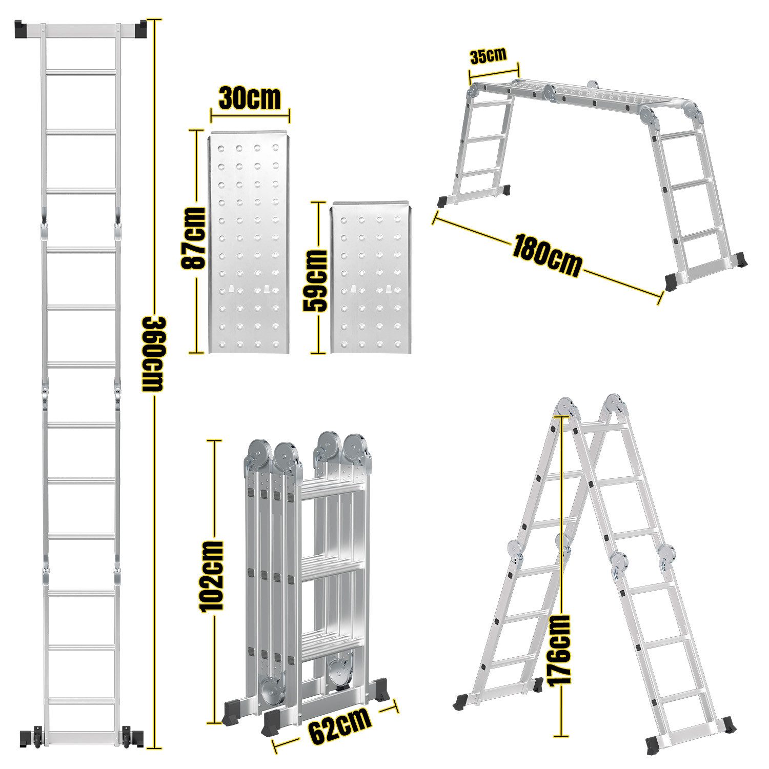 Clanmacy Vielzweckleiter 6 in 1 Multifunktionsleiter Gerüst 360cm Mehrzweckleiter Klappleiter
