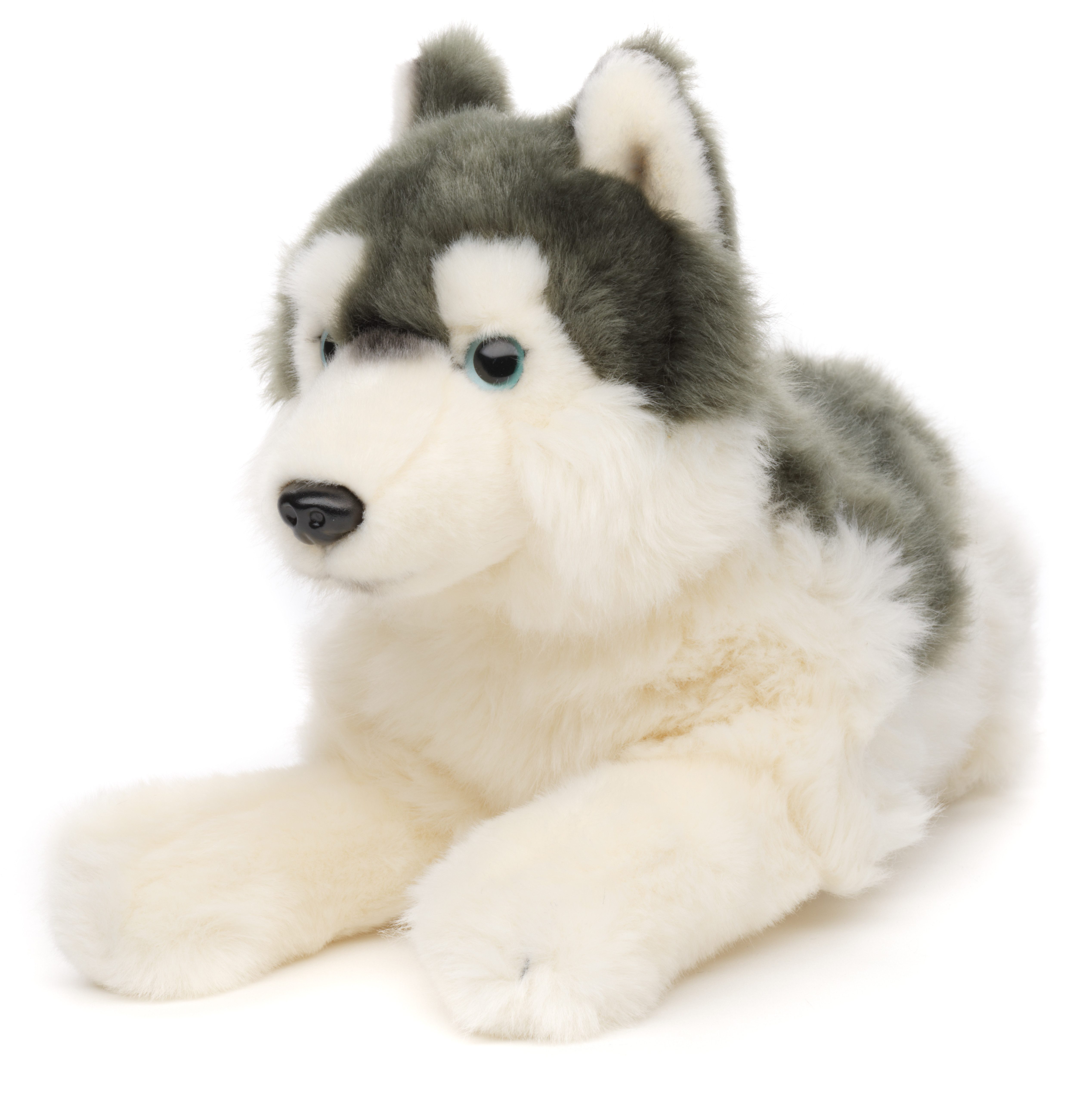 Uni-Toys Kuscheltier Husky grau, liegend - 38 cm (Länge) - Plüsch-Hund - Plüschtier, zu 100 % recyceltes Füllmaterial