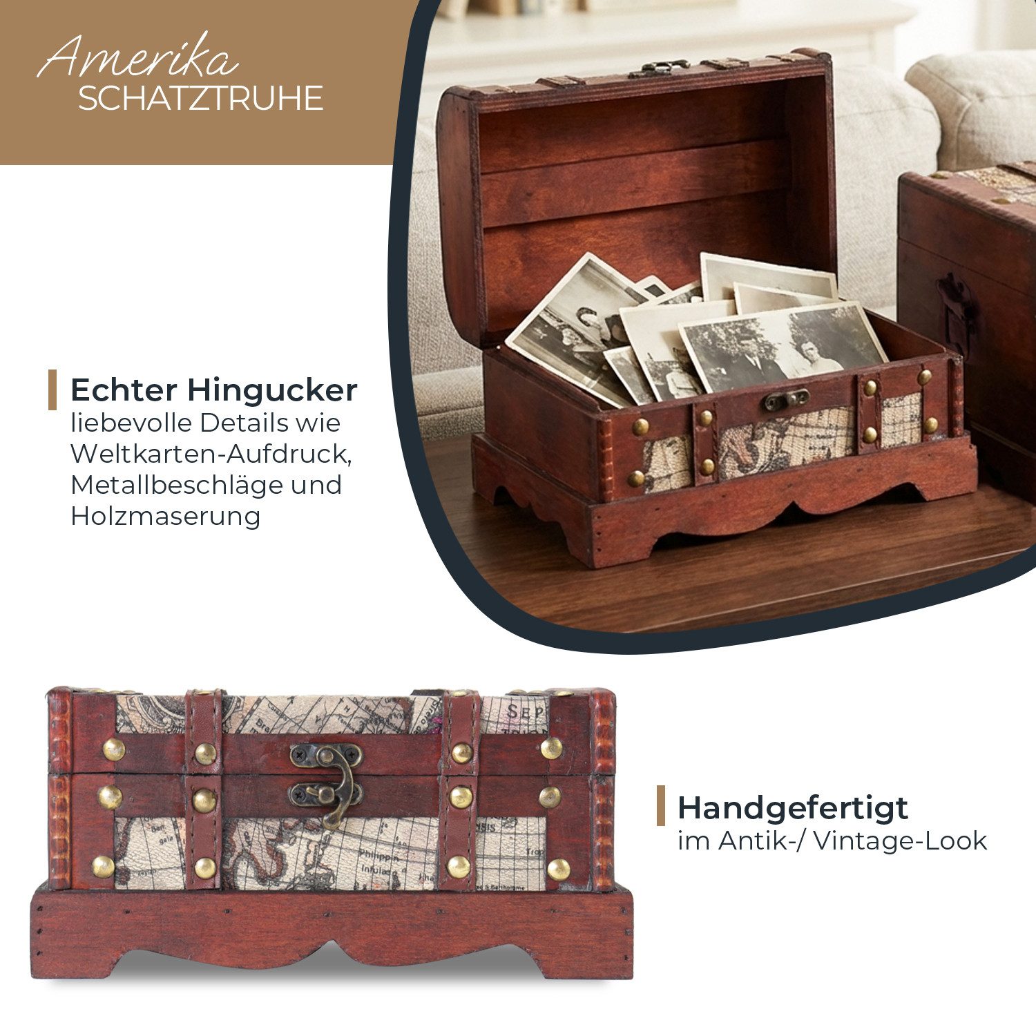 HMF Schatzkiste Schatztruhe aus Holz (1 St), Schatzkiste für Kindergeburtstag, 23 x 13 x 11 cm, Amerika
