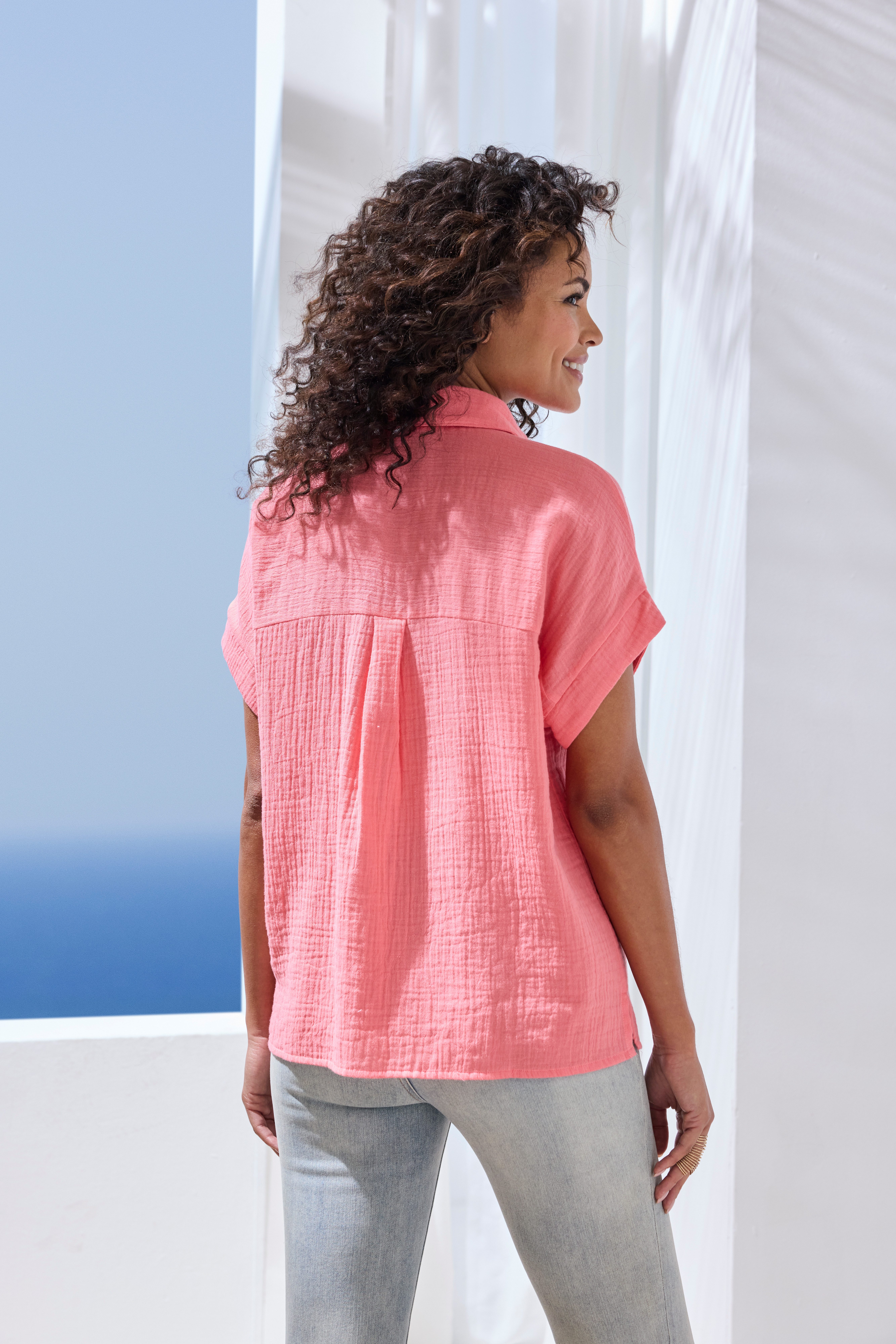 Beachtime by Lascana Kurzarmbluse aus weicher Musselinware Sommerliche Musselinbluse, Hemdbluse, leichte Sommerbluse, Oversize