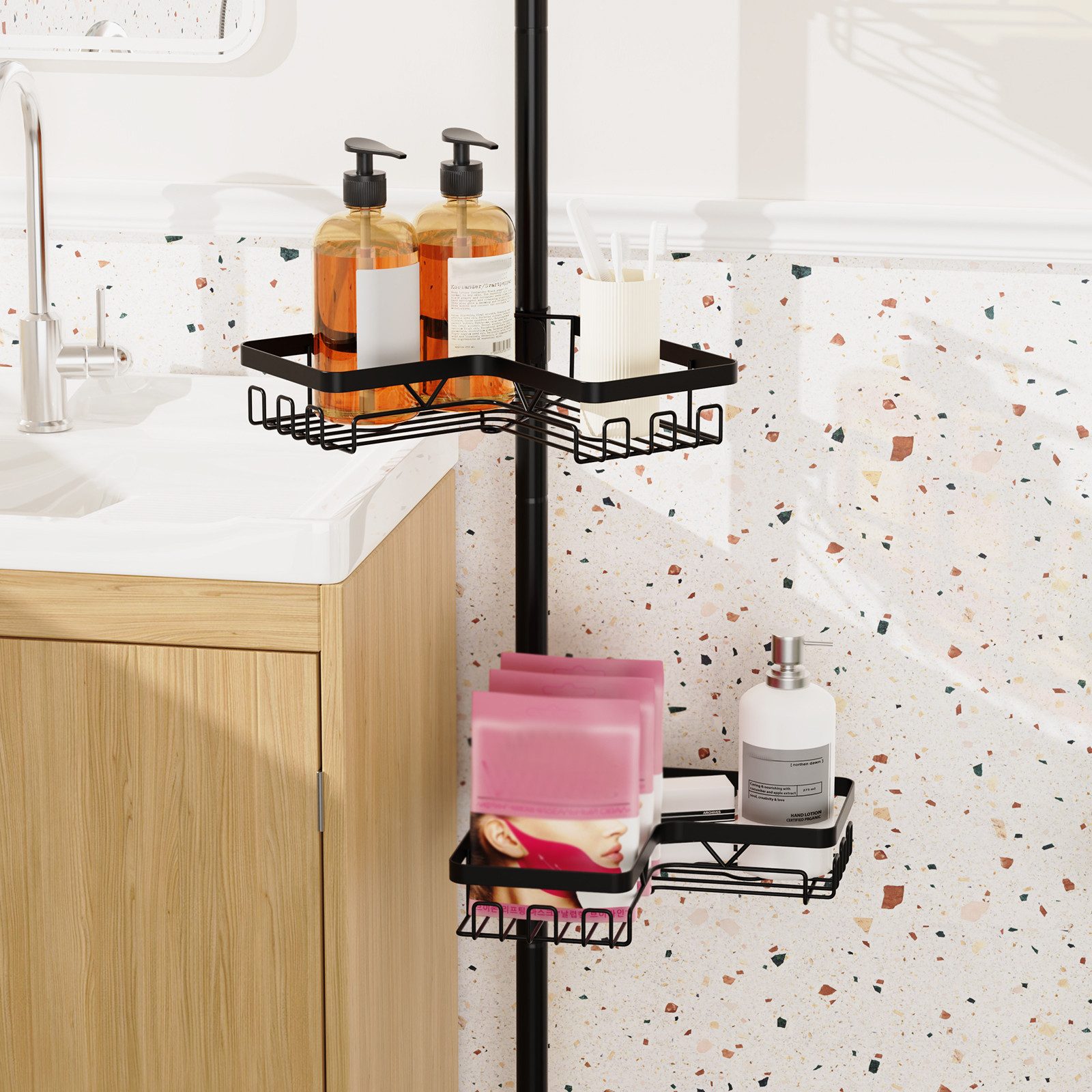JEOBEST Duschregal Teleskop Duschregal, Duschregal Ecke, Eckregal Badewanne, 304 Edelstahl, Duschablage Ohne Bohren Ecke,Längenverstellbar 65-305cm – Bild 5 von 5