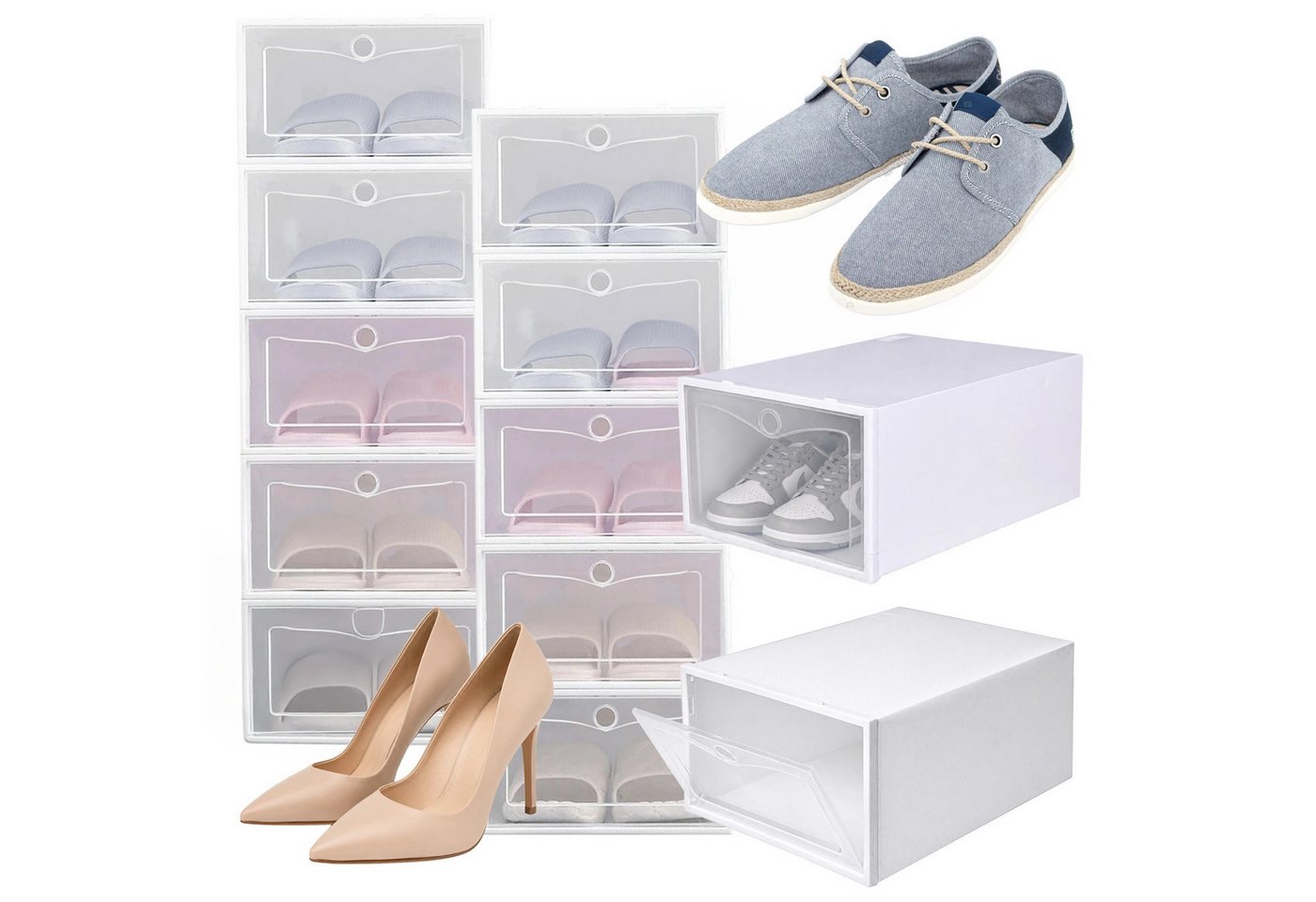 Realb2b Schuhregal Schuhbox Organizer 12er-Set mit Klappe, stapelbar, 33 × 24 × 12 cm, Schuhbox Organizer 12er-Set mit Klappe und Kunststoffausführung 24-tlg., 12er-Set, verschließbare Klappe, platzsparend, Kunststoff