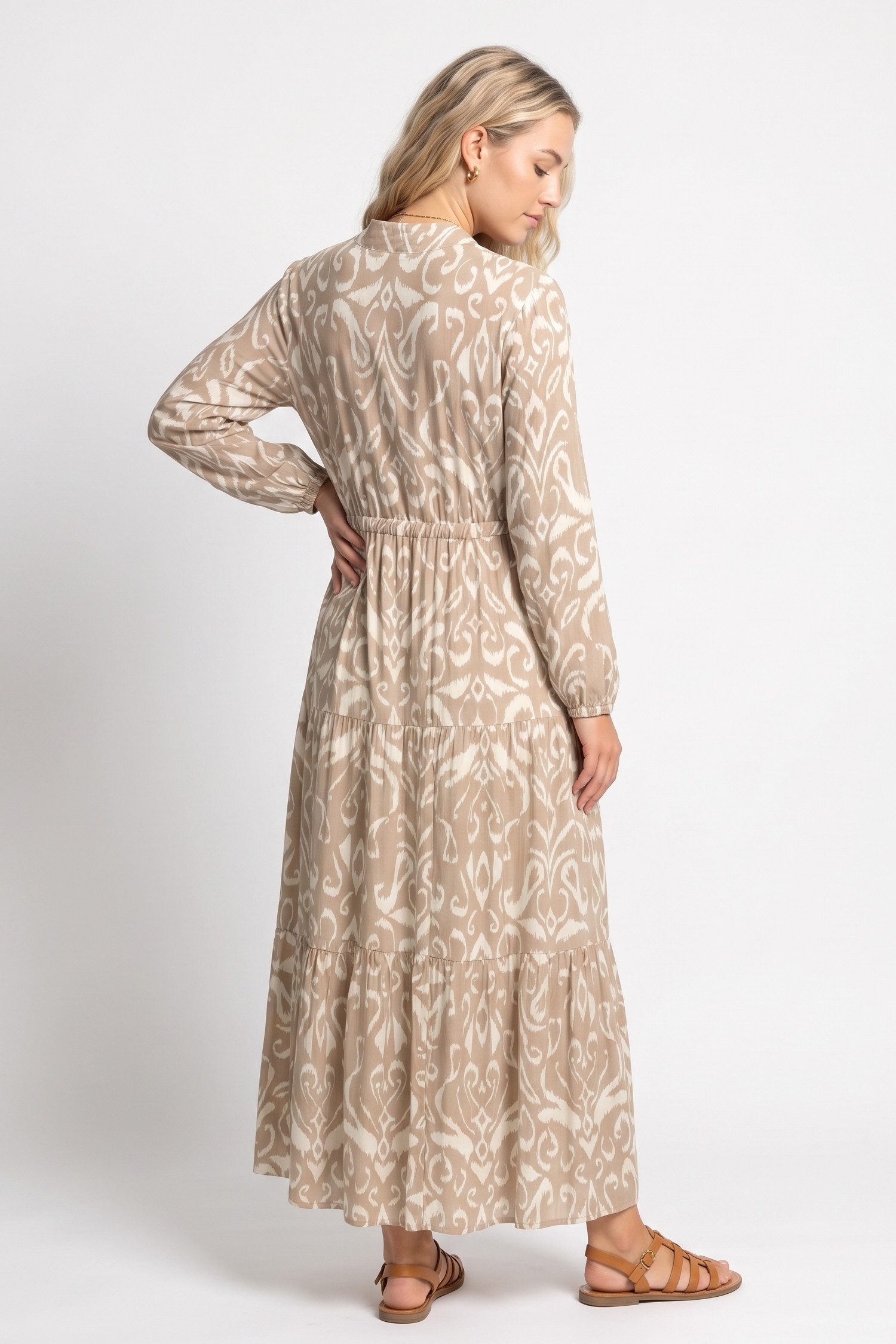 Kendindza Collection Sommerkleid Sommerkleid Damen Lang Viskose Elegantes Maxikleid lang Maxi Kleid Ikat-Print Knopfleiste & Schnurbund, Luftig Leicht – Bild 4 von 4