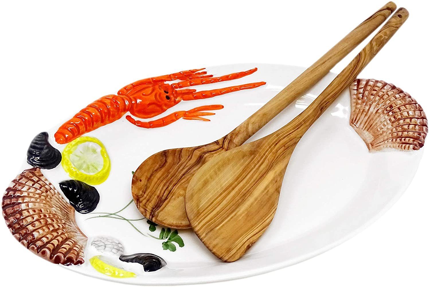 Lashuma Servierplatte Meeresfrüchte, Keramik, (1-tlg., 32 x 20 cm), Fisch Dekoteller oval aus Italien