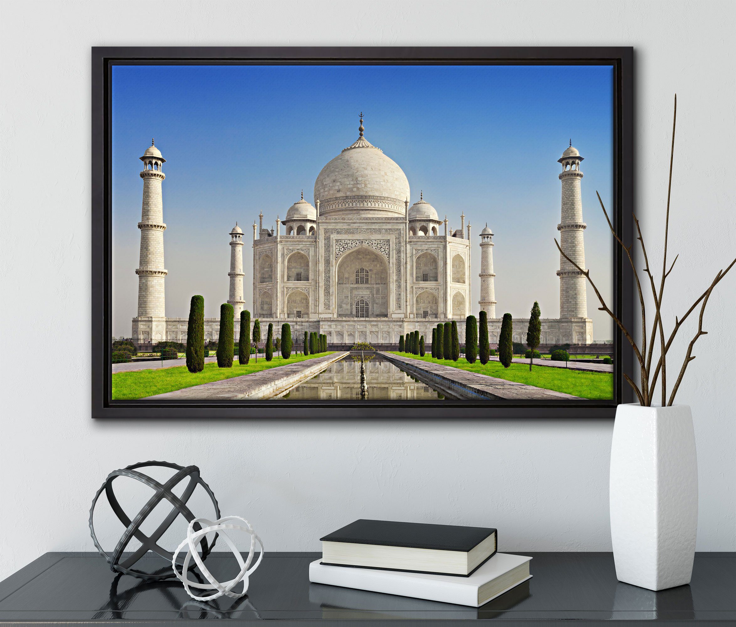 Taj inkl. Leinwandbild Pixxprint Schattenfugen-Bilderrahmen gefasst, Leinwandbild (1 einem in fertig Gewaltiger Wanddekoration St), Zackenaufhänger Mahal, bespannt,