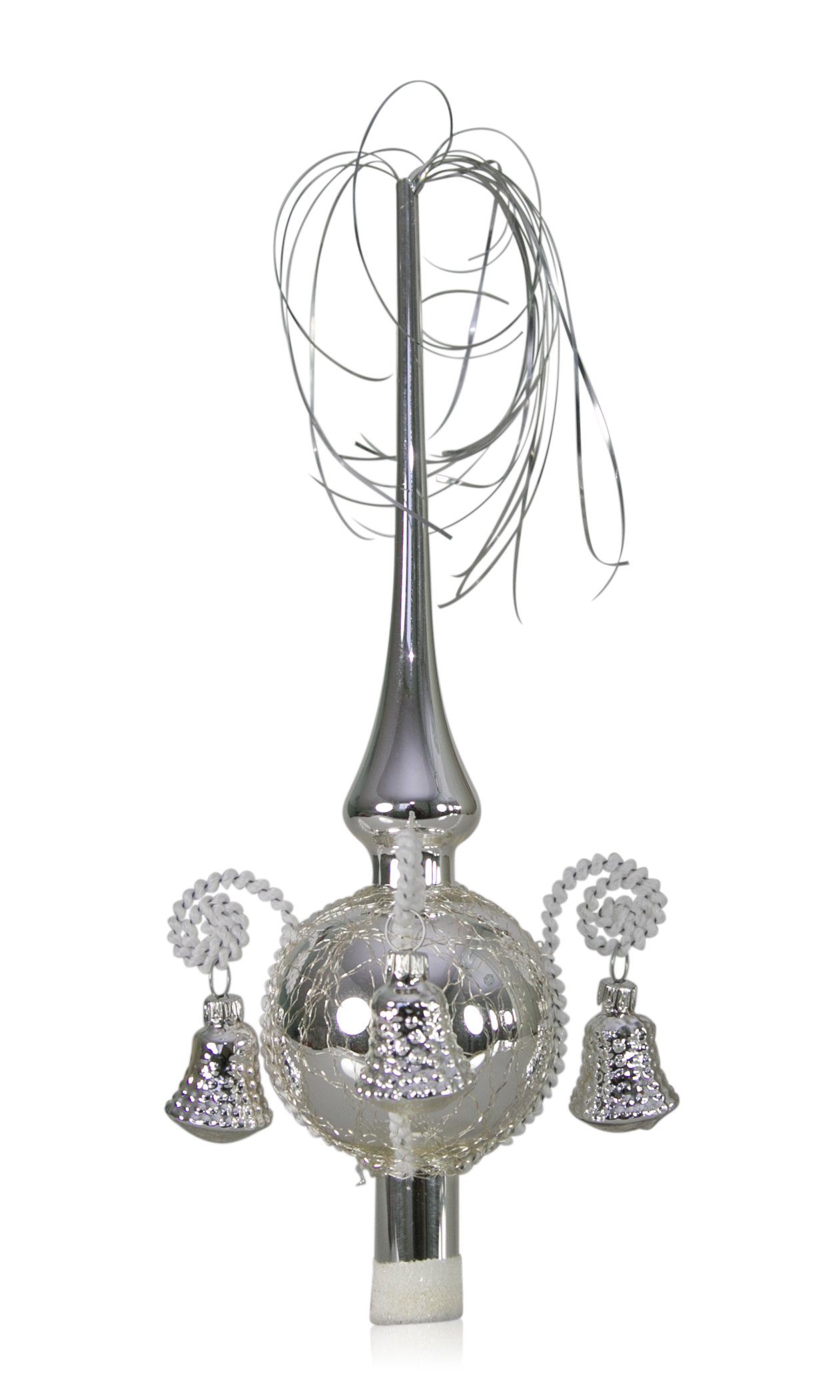 Lauschaer Glas Christbaumspitze Weihnachtsbaumspitze mit Formglöckchen, umsponnen mit Leonischem Draht, mundgeblasen, handdekoriert, handbemalt, in Lauscha hergestellt