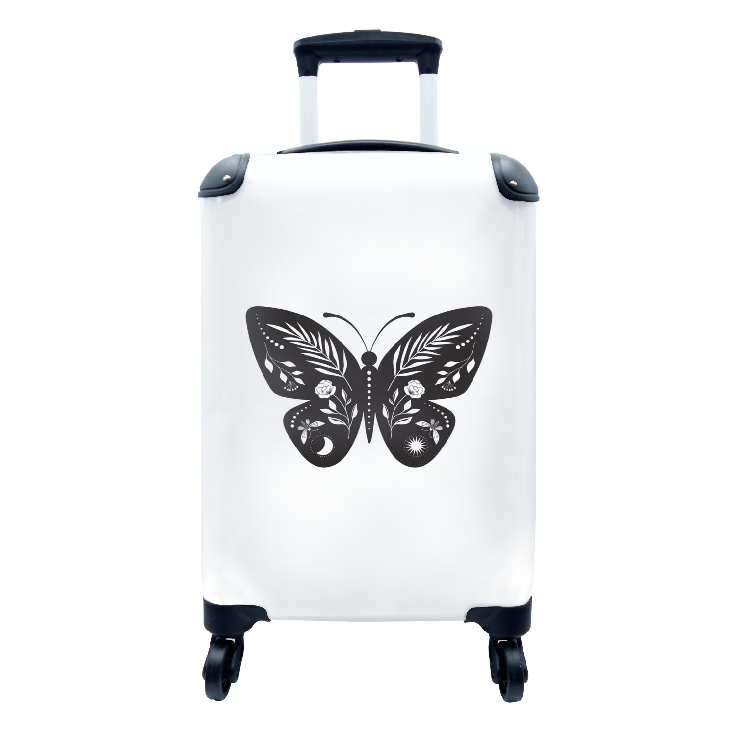 MuchoWow Handgepäckkoffer Moderne Kunst mit einem verzierten Schmetterling auf weißem, 4 Rollen, Reisetasche mit rollen, Handgepäck für Ferien, Trolley, Reisekoffer