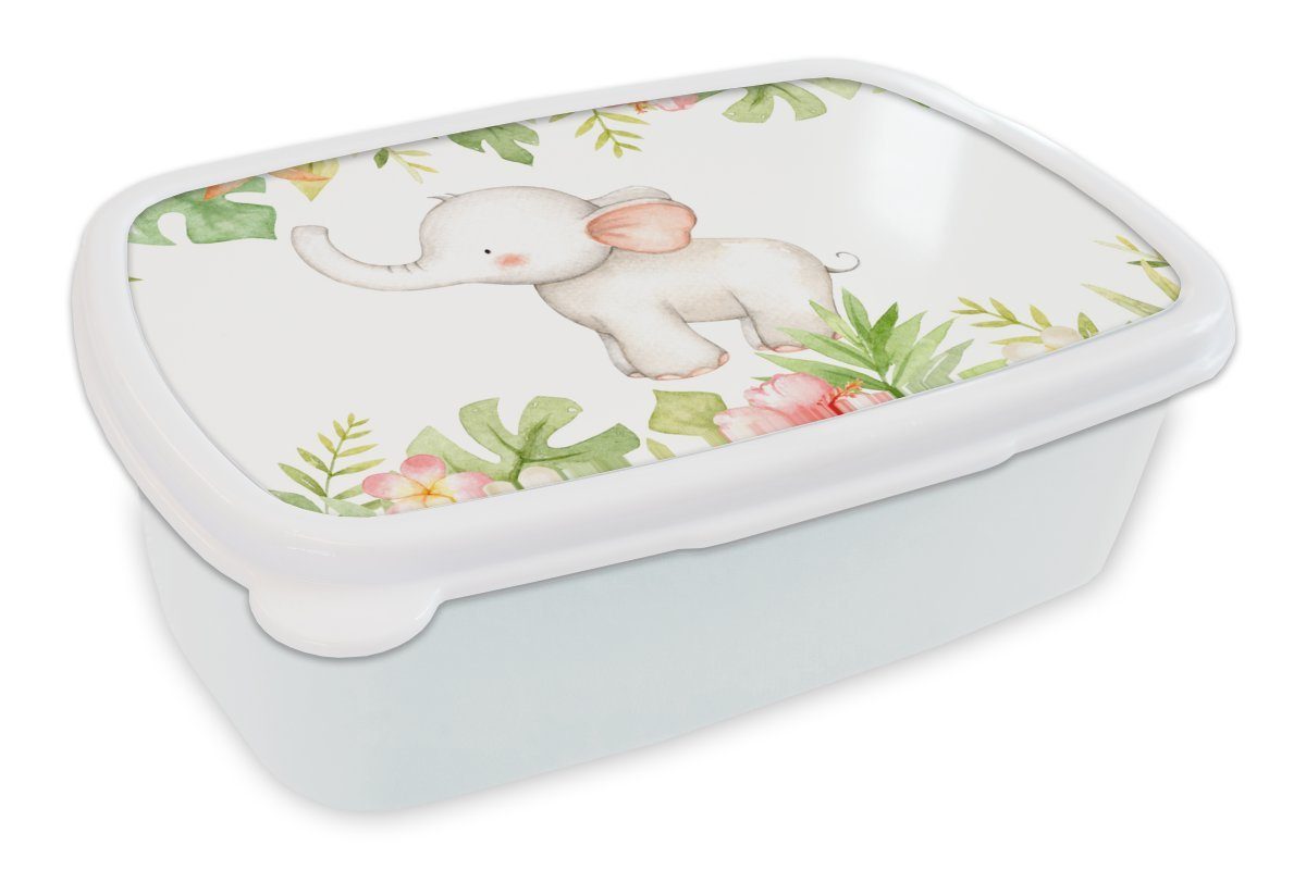 MuchoWow Lunchbox Elefant - Dschungel - Aquarellfarbe, Kunststoff, (2-tlg), Brotbox für Kinder und Erwachsene, Brotdose, für Jungs und Mädchen weiß