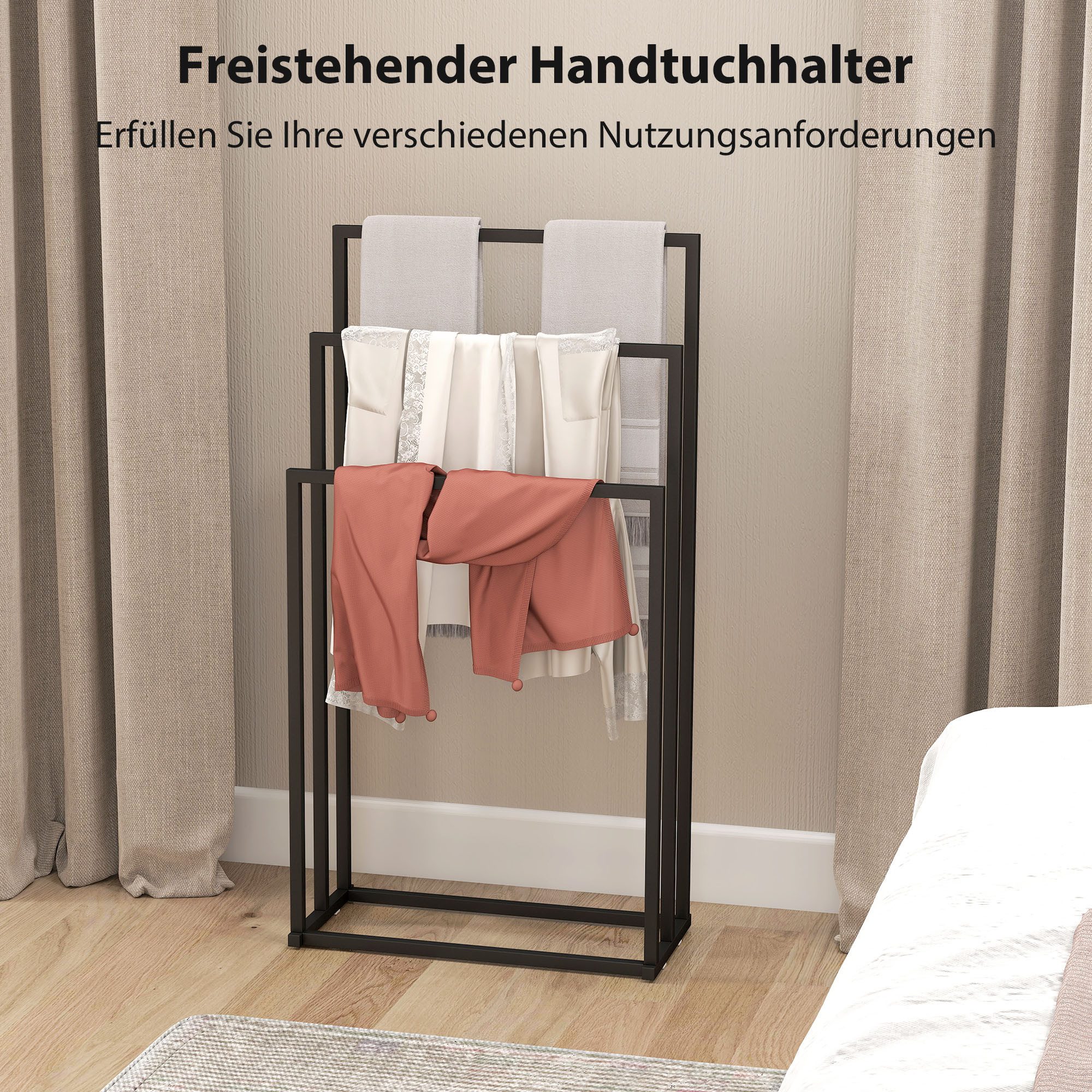 HOMCOM Handtuchhalter Stehend Handtuchständer mit 3 Stangen, Handtuchleiter aus Stahl, für Badezimmer, Schwarz – Bild 4 von 5