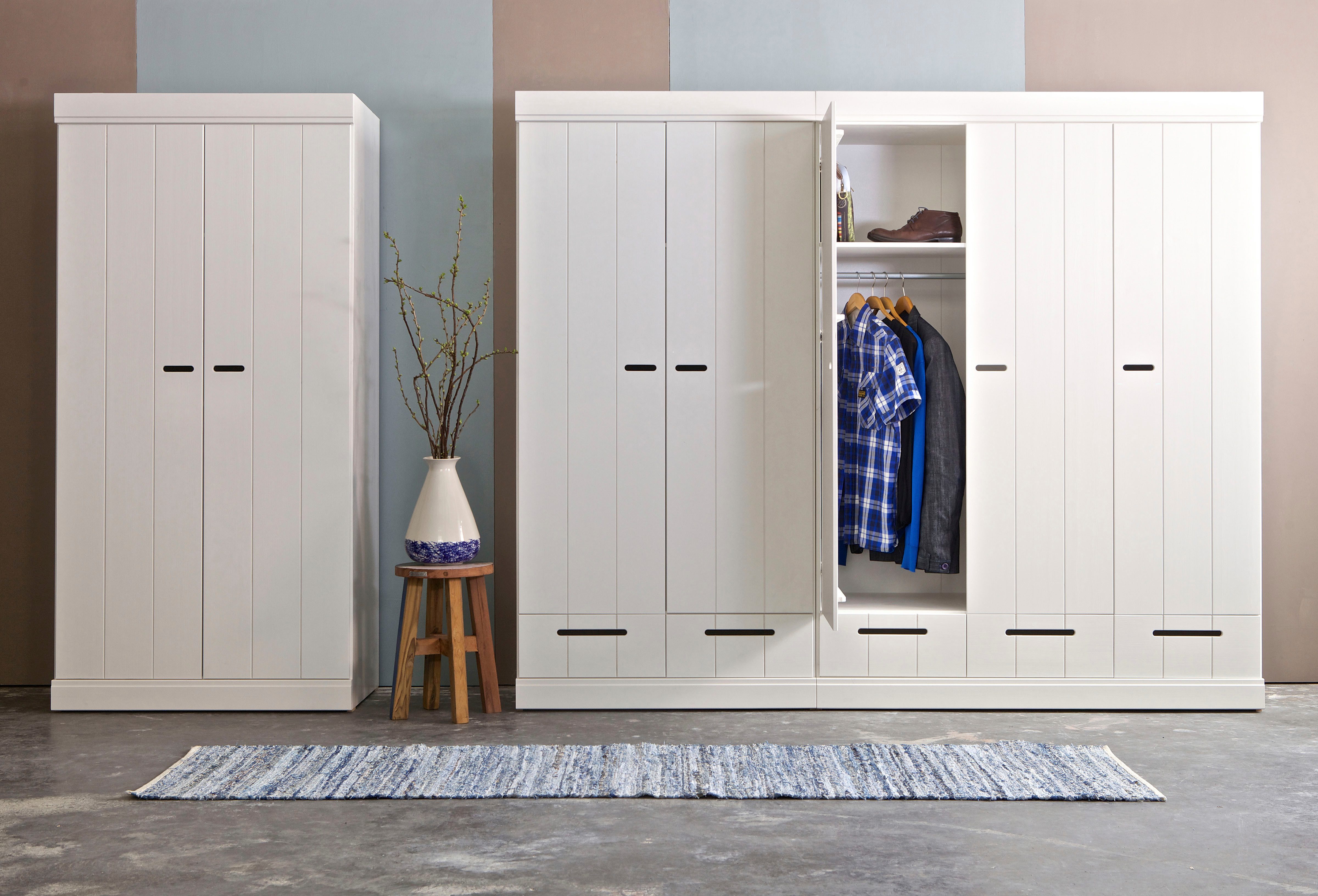 WOOOD Kleiderschrank Connect FSC®-Kiefernholz Schlitzgriff, H 195 x B 140 x T 53 cm Stapelbar kombinierbar, Metall Schubladenführung