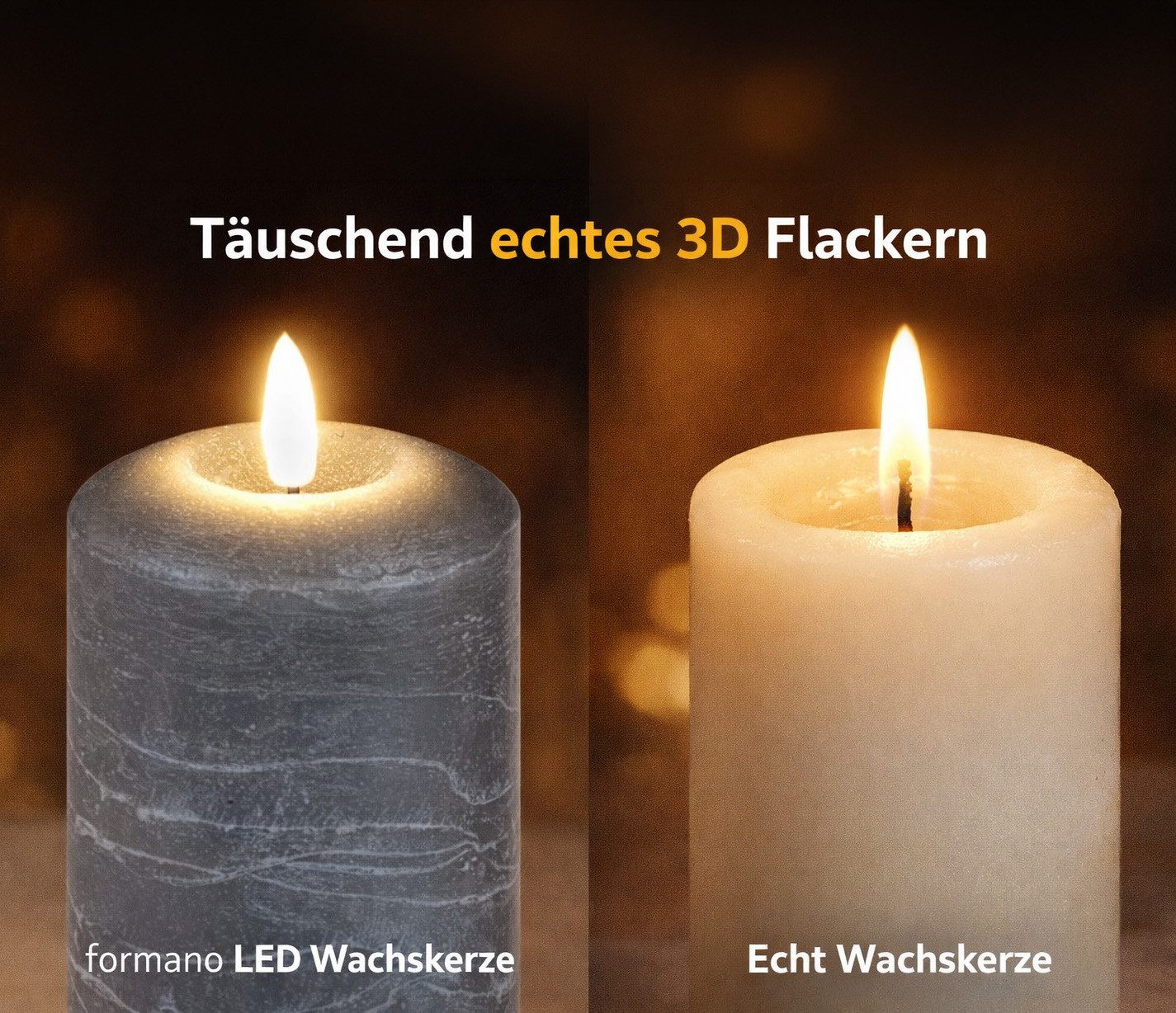 formano LED Dekolicht LED-Wachskerze Grau 12cm 3D Flackereffekt & Timer 6Std an/ 18Std aus, LED fest integriert