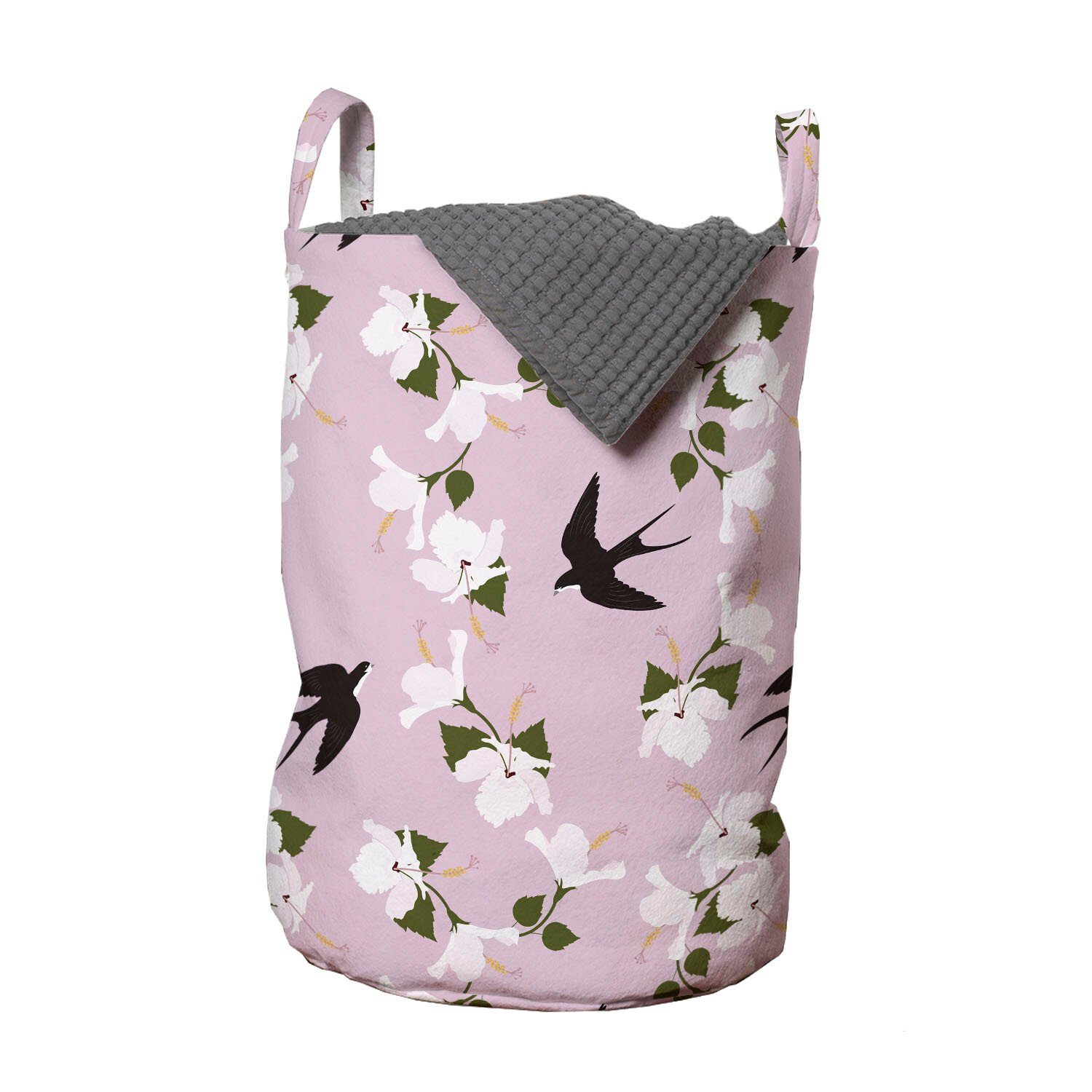 und Abakuhaus Vögel Waschsalons, Wäschekorb mit Wäschesäckchen für Griffen Blumensträuße Kordelzugverschluss Schlucken