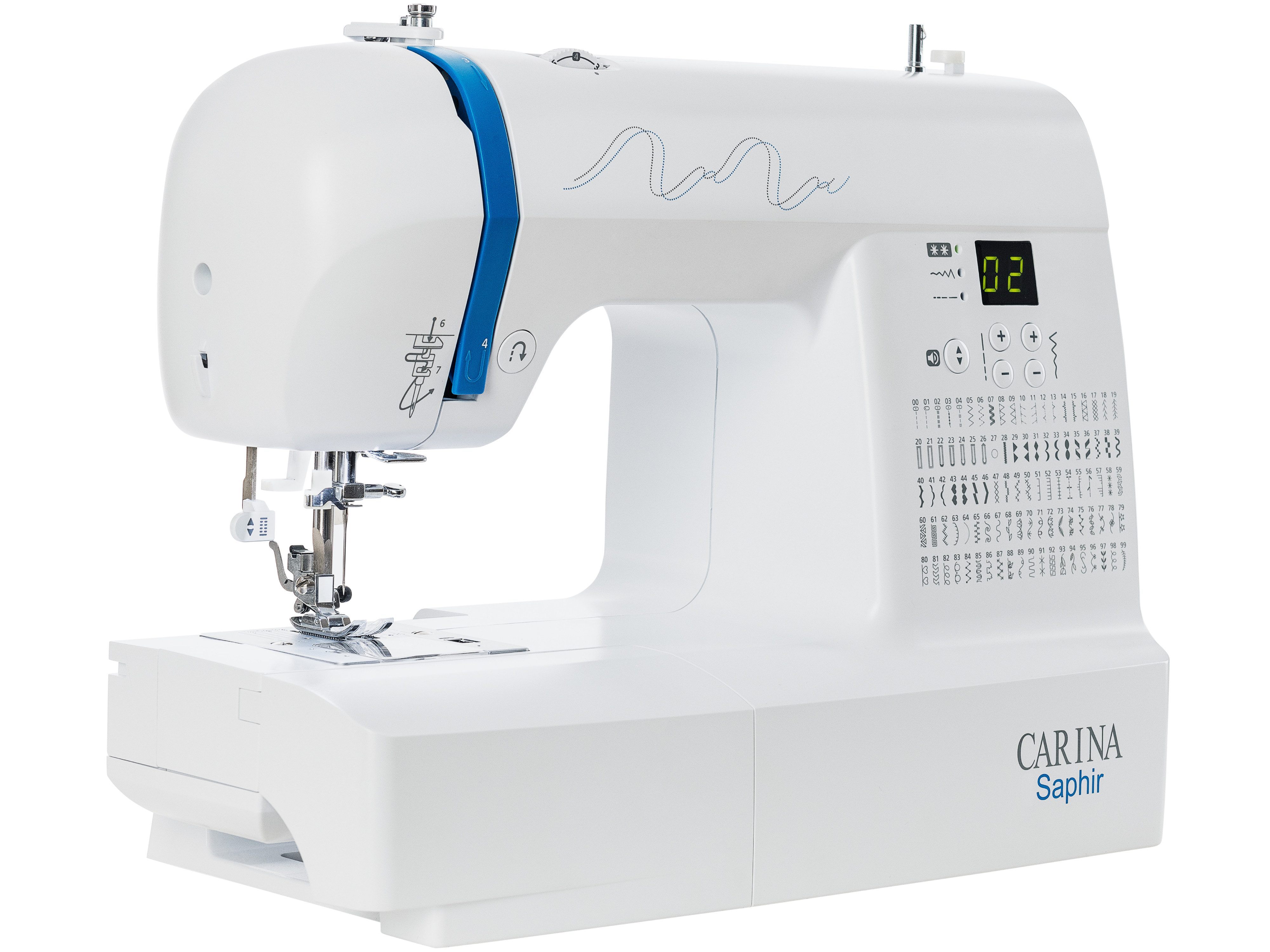 Carina Computer-Nähmaschine SAPHIR Freiarm, Einfädelautomatik, Rückwärtsnähen, Fadenabschneider, 100 Programme, 7 Nähfüße, LED Nählicht, Nadelstop, Großer Anschiebetisch