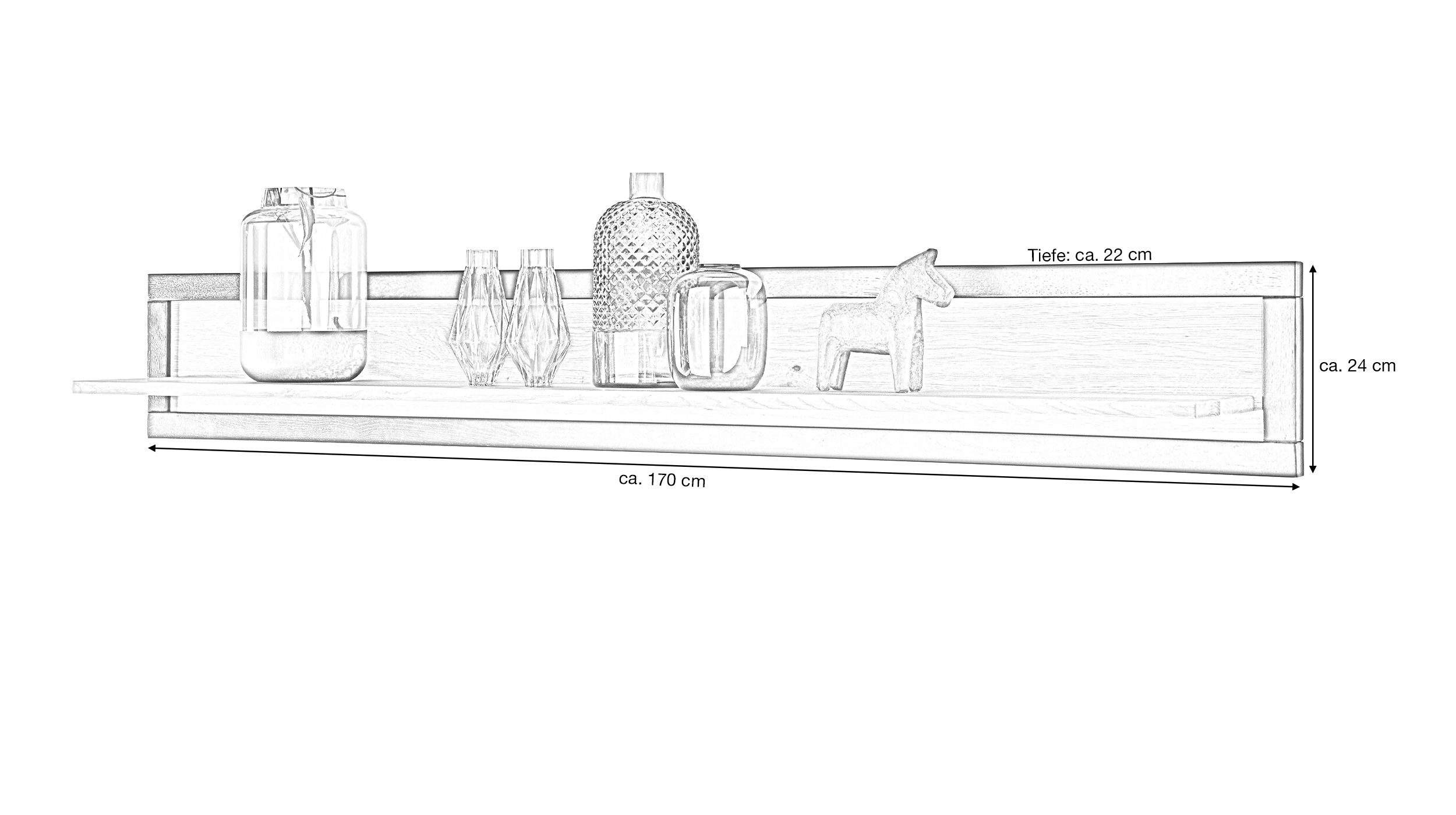 Massivart® Wandboard GIRONA 170 cm Breite / Massivholz Wildeiche geölt, Wandregal / großzügige Ablagefläche