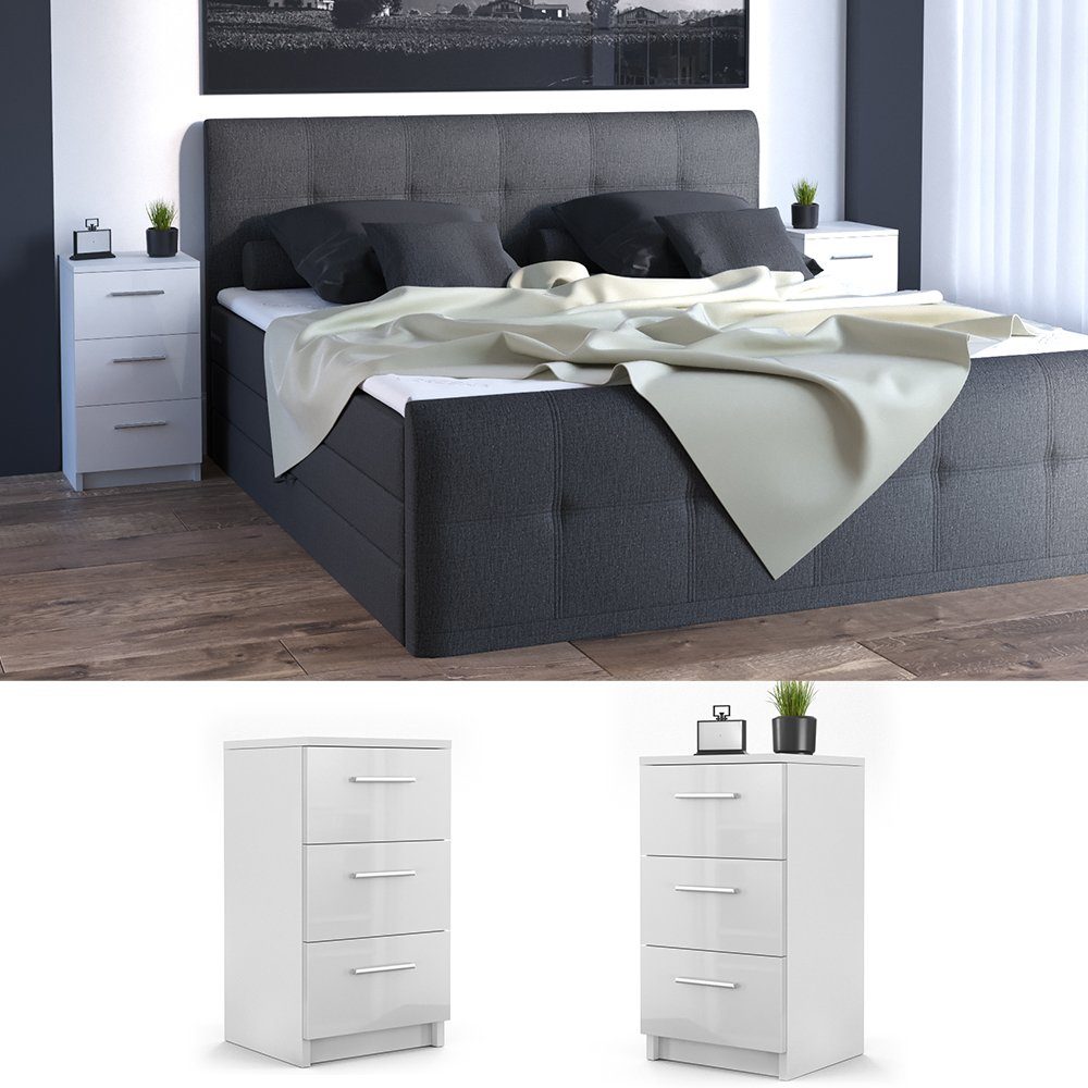 Vicco Nachtkommode, Weiß Hochglanz, 38 x 66 cm 2er Set (2 St)