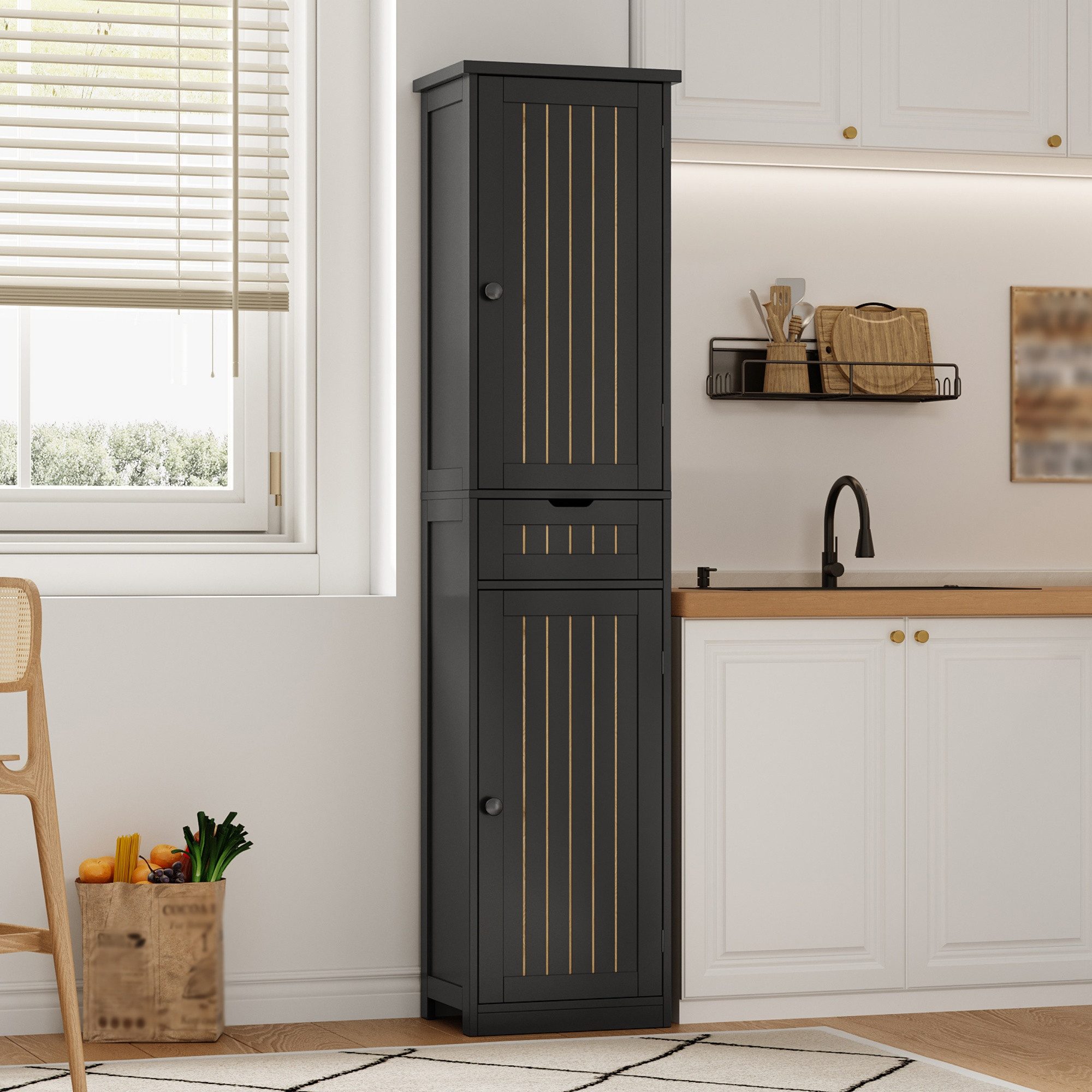 STILVORA Hochschrank Küchenschrank mit Schublade Highboard mit verstellbaren Einlegeböden (Hochschrank aus MDF, Retro-Gittertüren, 170×40×30cm, 4 verstellbare Böden, Kippsicherung, verstärkte Rückwand) Für Küche, Esszimmer, Wohnzimmer, Flur, Abstellraum